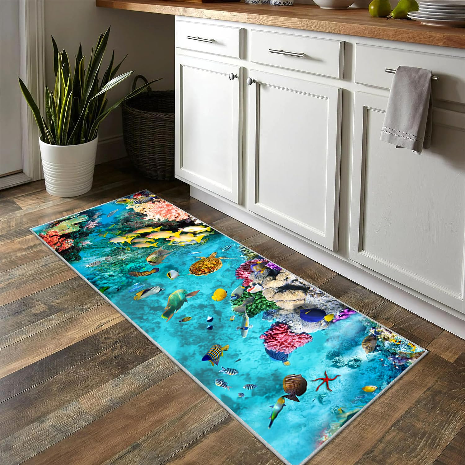 3D Teppich Läufer Flur Küche rutschfest Waschbar Blau Blumenmuster Brücken Teppichläufer Korridor Teppich Wald Küchenläufer Lang 70x160cm Flurteppich Küchenteppich Meterware Anpassbar