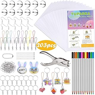 TUPARKA 203 Pcs Heat Shrink Plastic Sheet Kit，25 Shrink Film Sheets Art Paper，Hole Punch，Colored Pencils and 165 Pieces Ke...