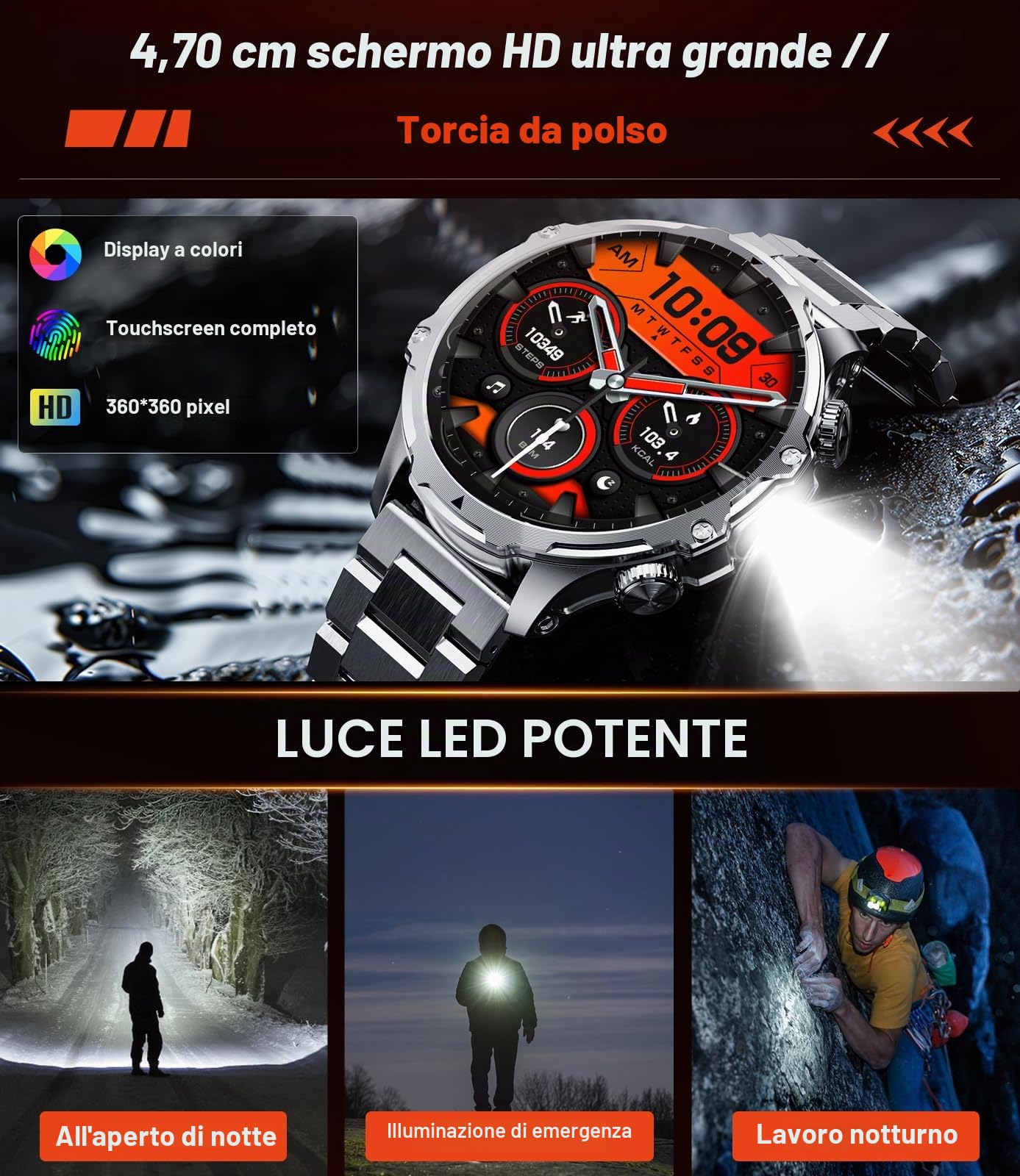 SUNKTA Orologio da uomo militare con batteria 800 mAh, torcia elettrica da 1,85" grande schermo, 107 modalità sportive, impermeabile IP68 frequenza cardiaca/SpO2/sonno Smartwatch per Android iOS