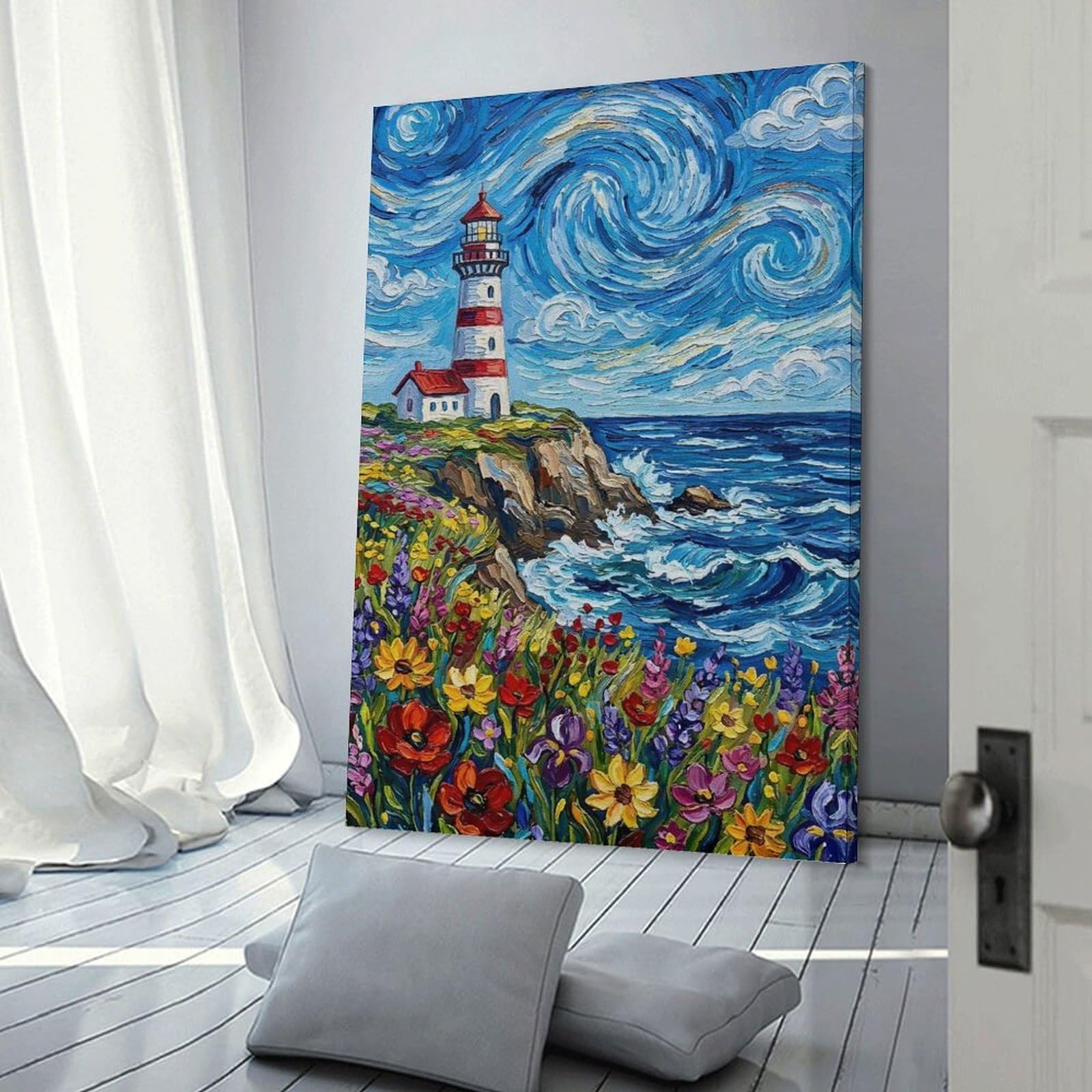 Junmoney Lighthouse on A Cliff with Wildflowers Decorative Wall Artwork, 16x24inch(40x60cm), for Work Areas, Reading Rooms Or Studios, Wall Art That Adds Style to Work Areas