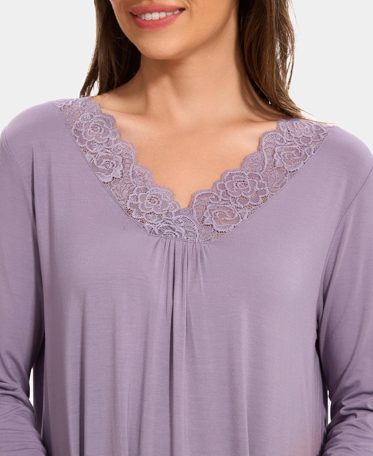 GYS Bamboo Viscose Women's Nightgowns Long Sleeve Lace V Neck Night Shirts for Sleeping - Image 5
