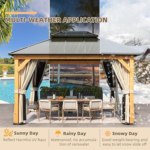 Miniatura 5 de YOLENY Gazebo de techo rígido de 11 x 13 pies, kiosco de madera para exteriores, techo doble de policarbonato, malla y cortinas, cenador de patio