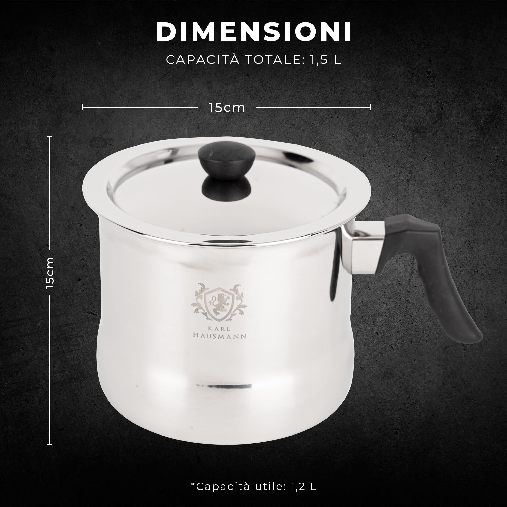 KARL HAUSMANN Pentolino Latte 1,5L con Fischio, Coperchio e Scala Graduata - Bollilatte Acciaio Inox Doppia Parete, Bagnomaria, Antibruciatura, Induzione, Gas, Vetroceramica
