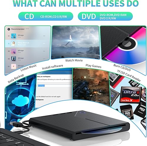 Miniatura 5 de Unidad externa de CD/DVD para laptop, reproductor USB 3.0 5 en 1 silencio grabadora portátil de CD/DVD, tipo ranura grabadora ROM, unidad de disco
