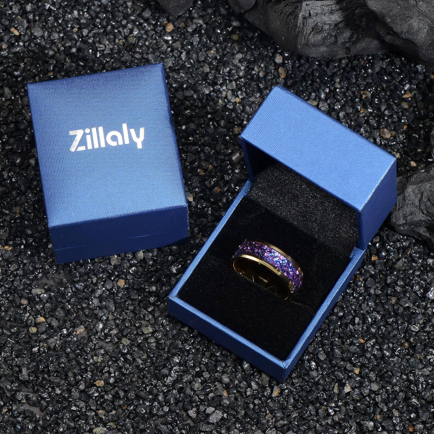 8mm Men's Gold Galaxy Ring, Tungsten Wedding Band with Purple Blue Opal and Chamfered Sparkling Finish - Comfortable Size 7-14, Comes in a Beautiful Gift Box - Image 5