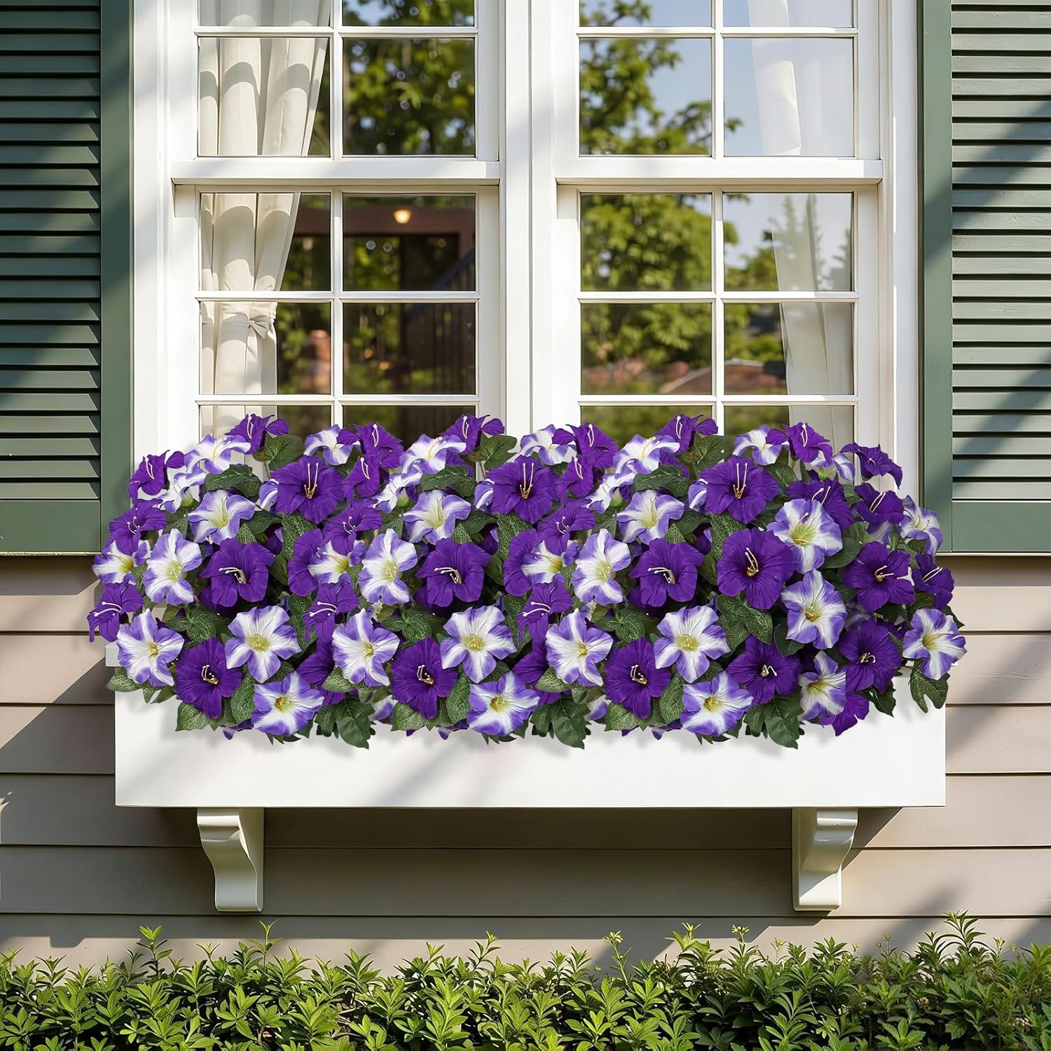 4 Bundles 20.5 inch Long Stem Artificial Flowers for Outdoor, UV Resistant Morning Glory Flower Faux Petunias Fake Flowers for Outdoor Planter Garden Porch Home Indoor Decor (Double Purple)