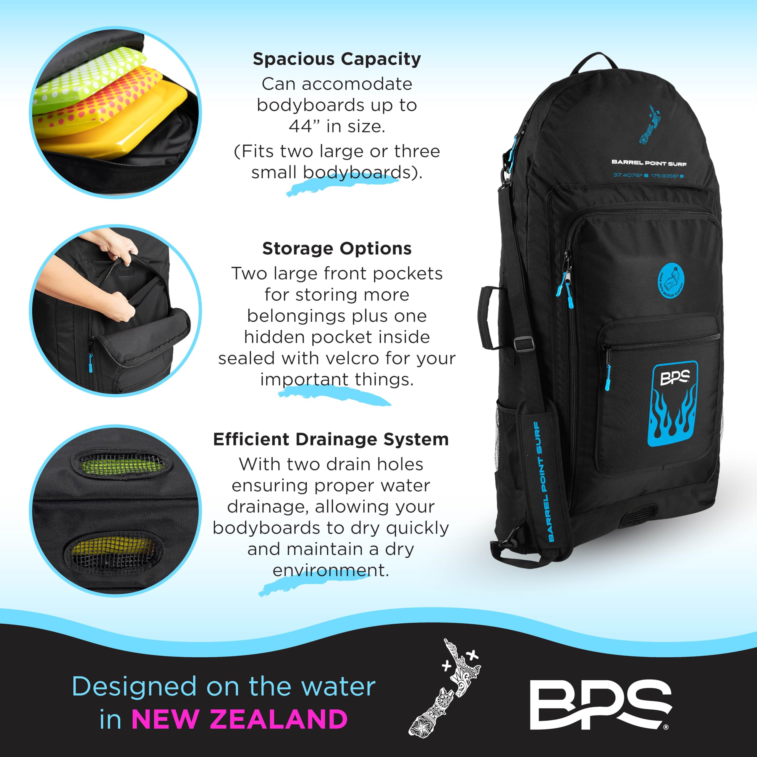 BPS Bolsa de bodyboard de Nueva Zelanda con capacidad de 2 a 3 tablas, hecha de plásticos reciclados, ayuda a eliminar los residuos de vertederos y océanos