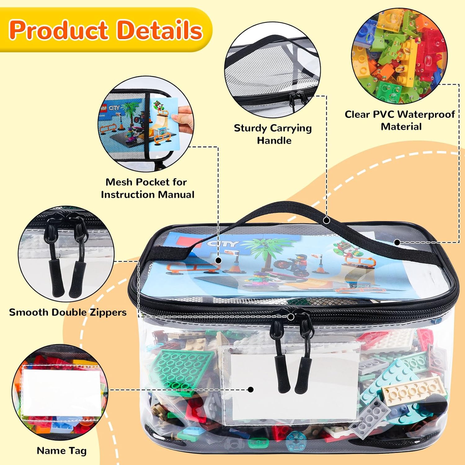 6 Pack Clear Toy Storage Bag with Name Tag& Manual Pocket, Waterproof Transparent PVC Toy Organizer Case for Lego Bricks, Board Games, Building Blocks, Puzzles (Large Capacity, Black) - Image 4