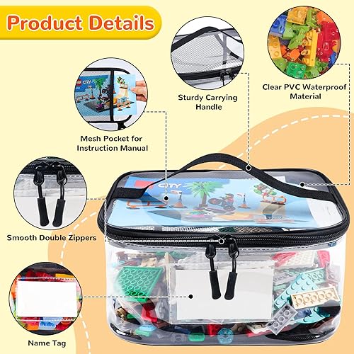 Miniatura 4 de Paquete de 6 bolsas transparentes de almacenamiento de juguetes con etiqueta de nombre y bolsillo manual, funda organizadora de juguetes de PVC