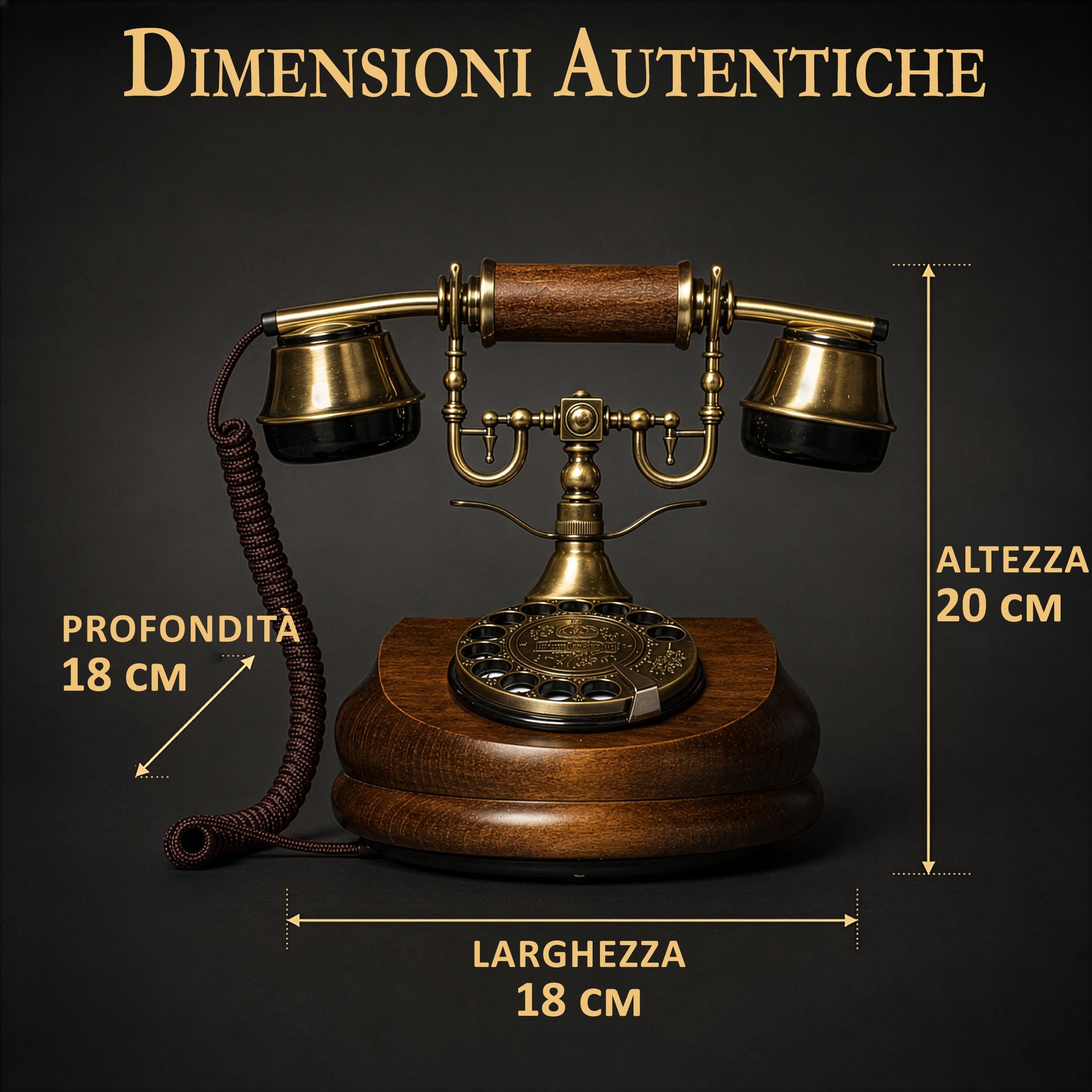 Opis Technology 1921 Cable Modello A — Telefono Fisso Vintage in Legno, Telefono Antico da Tavolo con Disco Combinatore e Campana in Metallo (Senza Bluetooth)