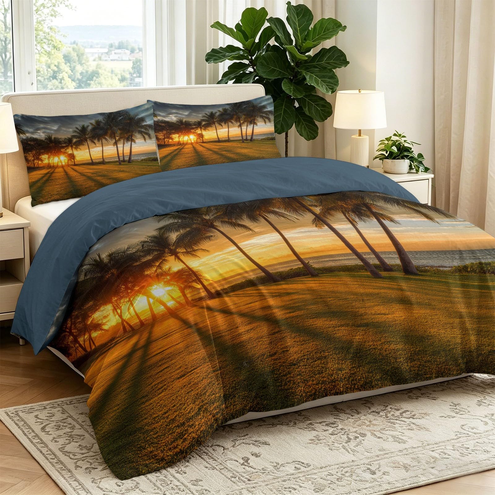 Miękki, lekki tropikalny zestaw pościeli z mikrofibry, złota plaża, zachód słońca, lekki cień drzewa kokosowe, poszewka na kołdrę, 230 x 220 cm, na wszystkie pory roku, nie wymaga prasowania, z 2