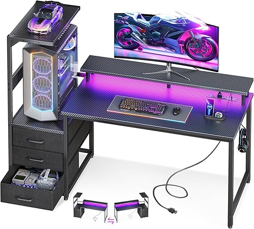 Miniatura 9 de AODK Escritorio para juegos de 59 pulgadas con puertos de carga USB y luz LED, escritorio reversible para computadora con estantes de almacenamiento