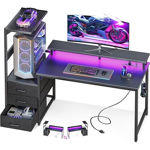 AODK 52 Inch Gaming Desk with USB Charging Ports & LED Light- Reversible Computer Desk with Storage Shelves & Monitor Stand, Modern Gamer Desk Table with Fabric Drawers & Side Hook, Carbon Fiber Black