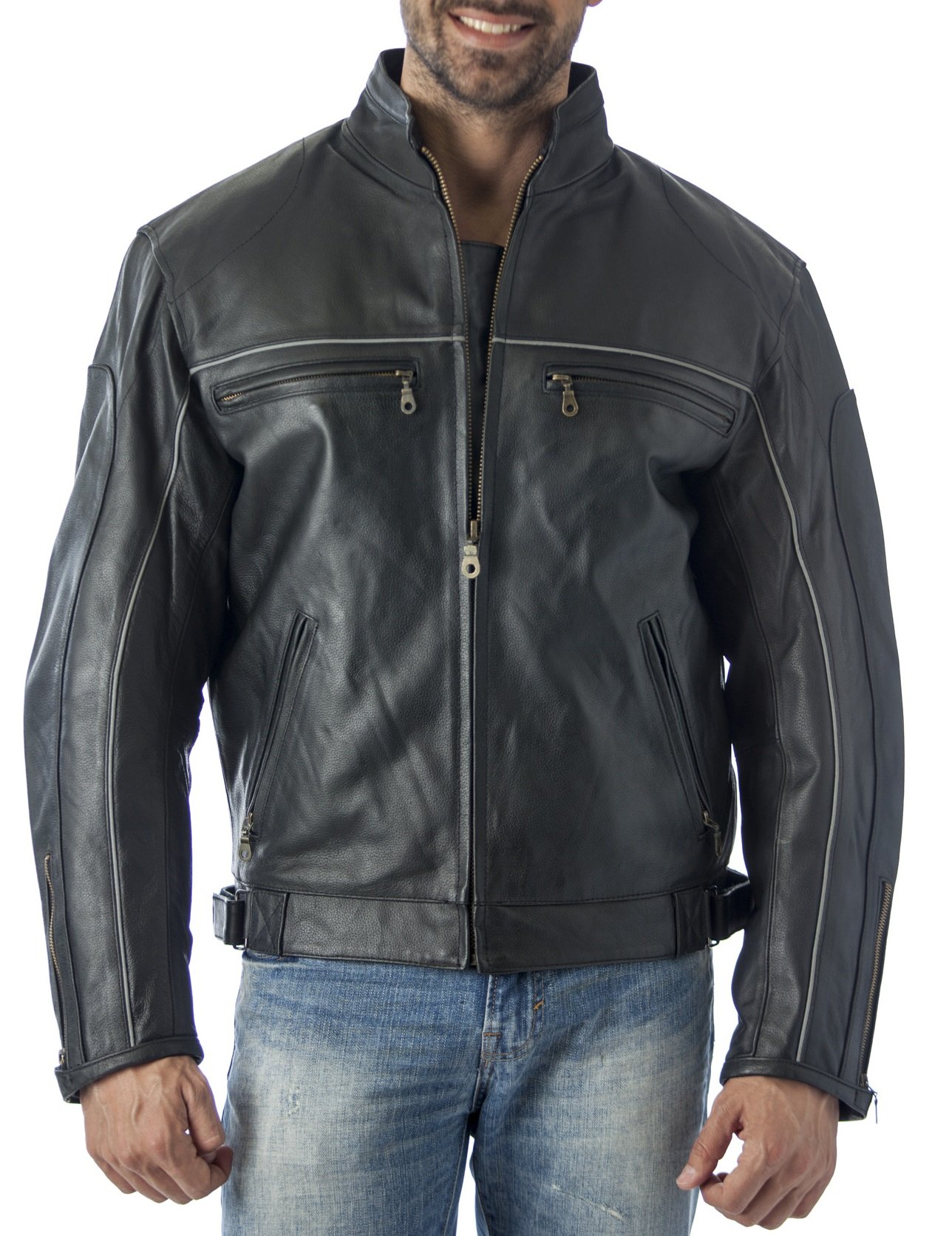 REED Mens Vented Leather Motorcycle Jacket with Light Reflector