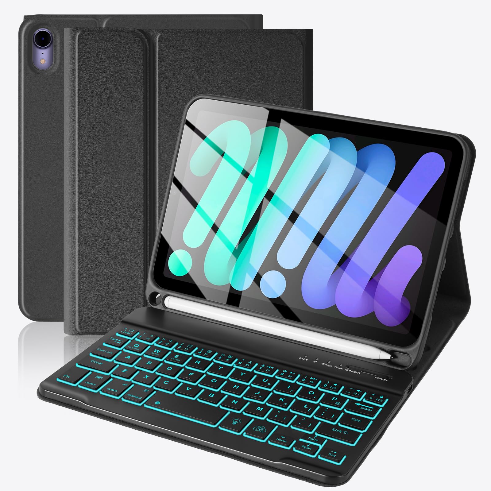 SOPPY for iPad mini 7 Keyboard Case A17 Pro 2024/iPad Mini 6 Generation Case with Keyboard 2021 8.3 Inch, 7 Color Backlit Detachable Keyboard Cover for iPad mini 7th/6th Gen, Black