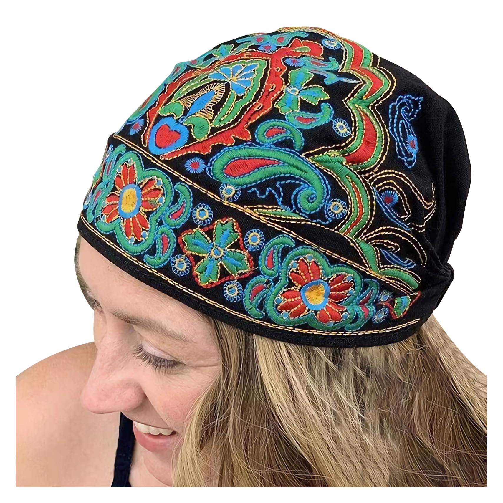 Handmade Embroidered Bandana Caps 2025 New Women Ethnic Style Head Wrap Beanie Cap Stretch Vintage Embroidery Bandanas Hat (US, Alpha, One Size, Black)