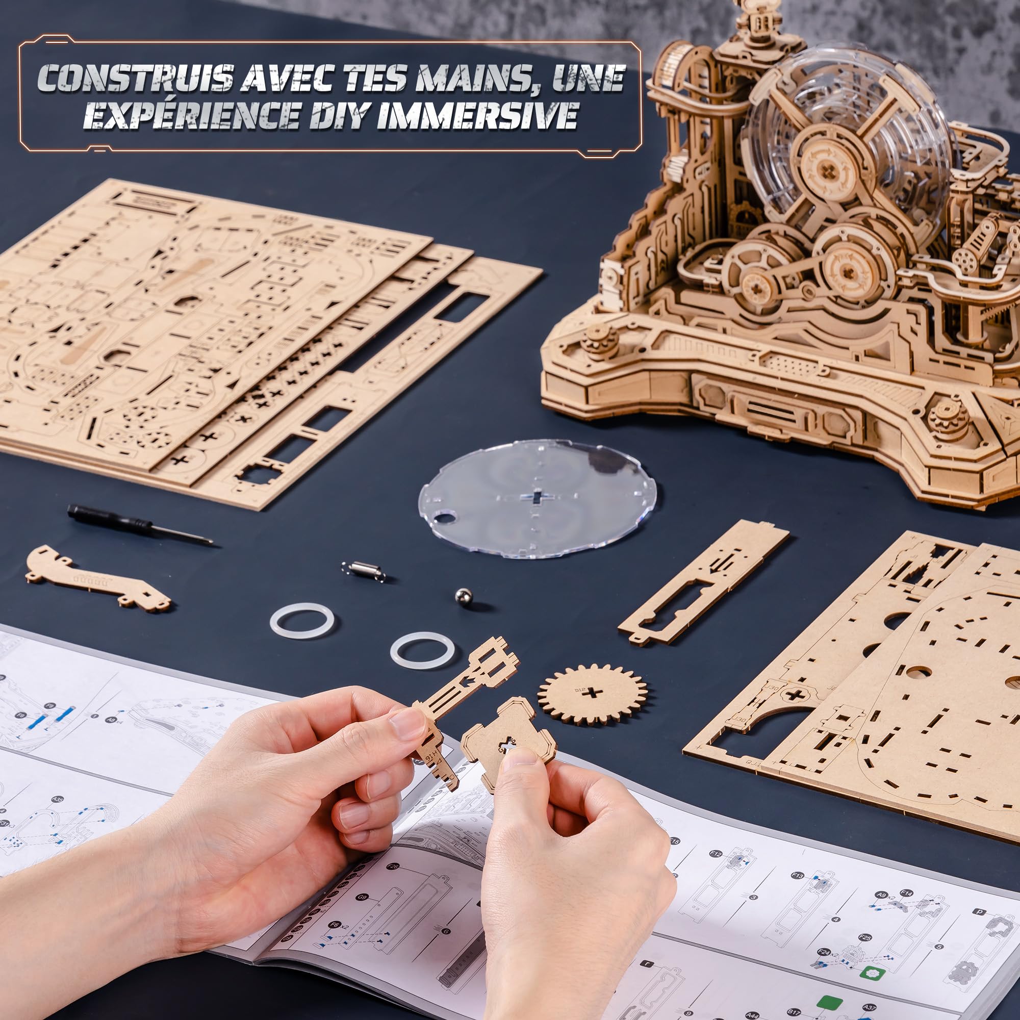 ROBOTIME Puzzle 3D en Bois Gear Ball Challenge – Kit Labyrinthe Mécanique 653 pièces, STEM Adultes Ados, Design Manette de Jeu EGC01