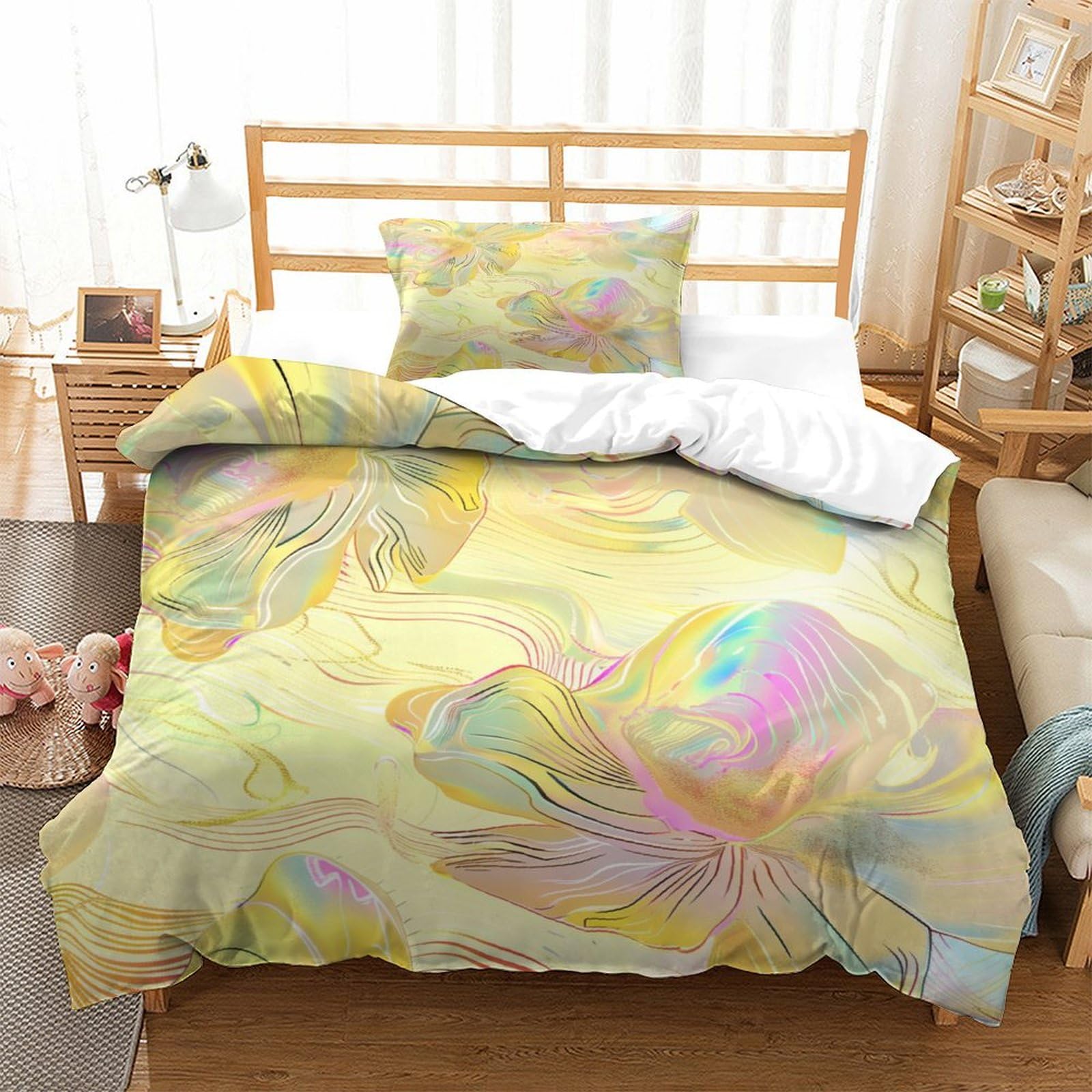 P1S9U7W5Y Pastel Floral 3D Printed Lightweight Duvet Cover Set 3pcs Microfiber Botanical Bedding Set Single（135x200cm）