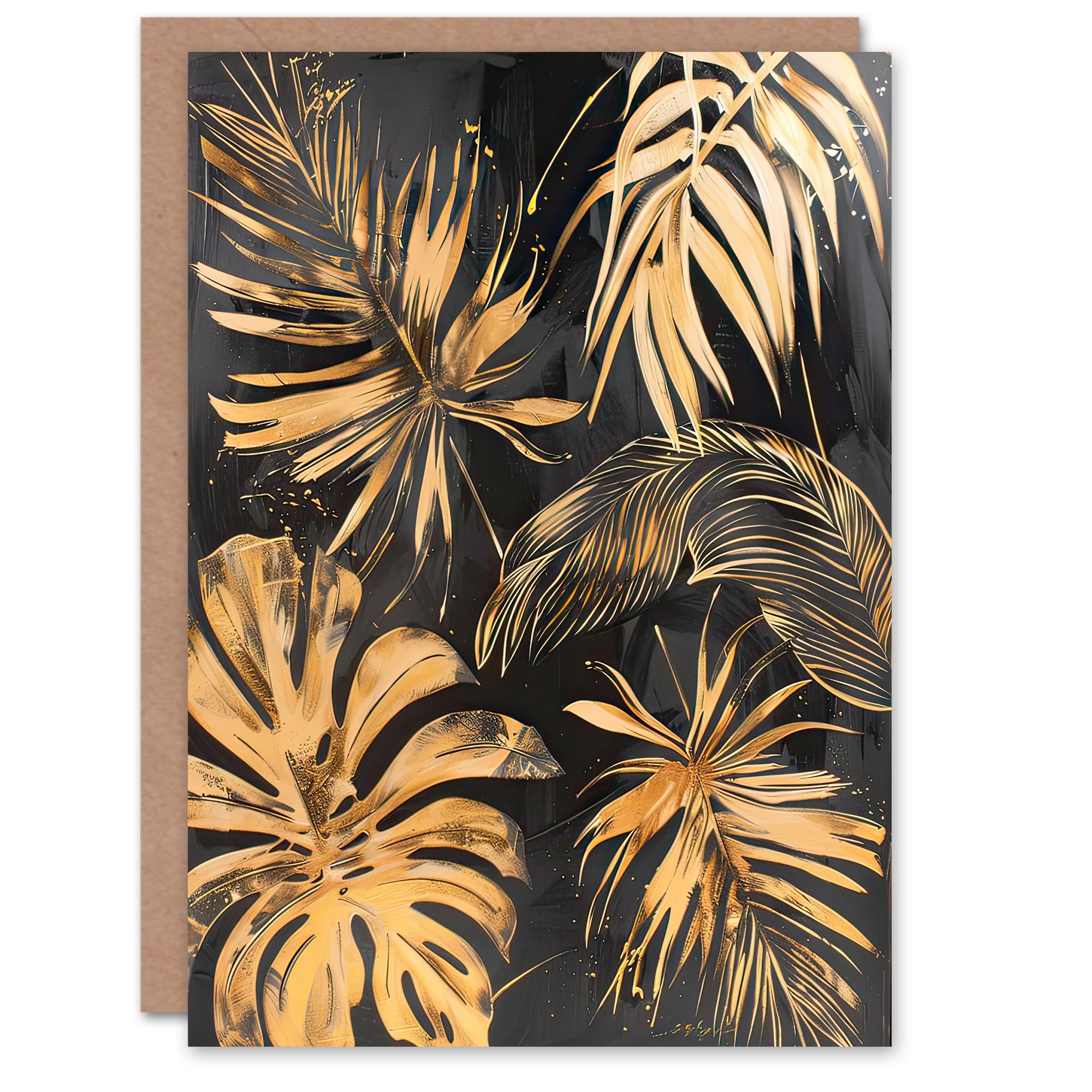 Artery8 Greeting Card Golden Monstera Leaf Palm Frond Dark Plant Lover Blank For Him Or Her Art Birthday Card