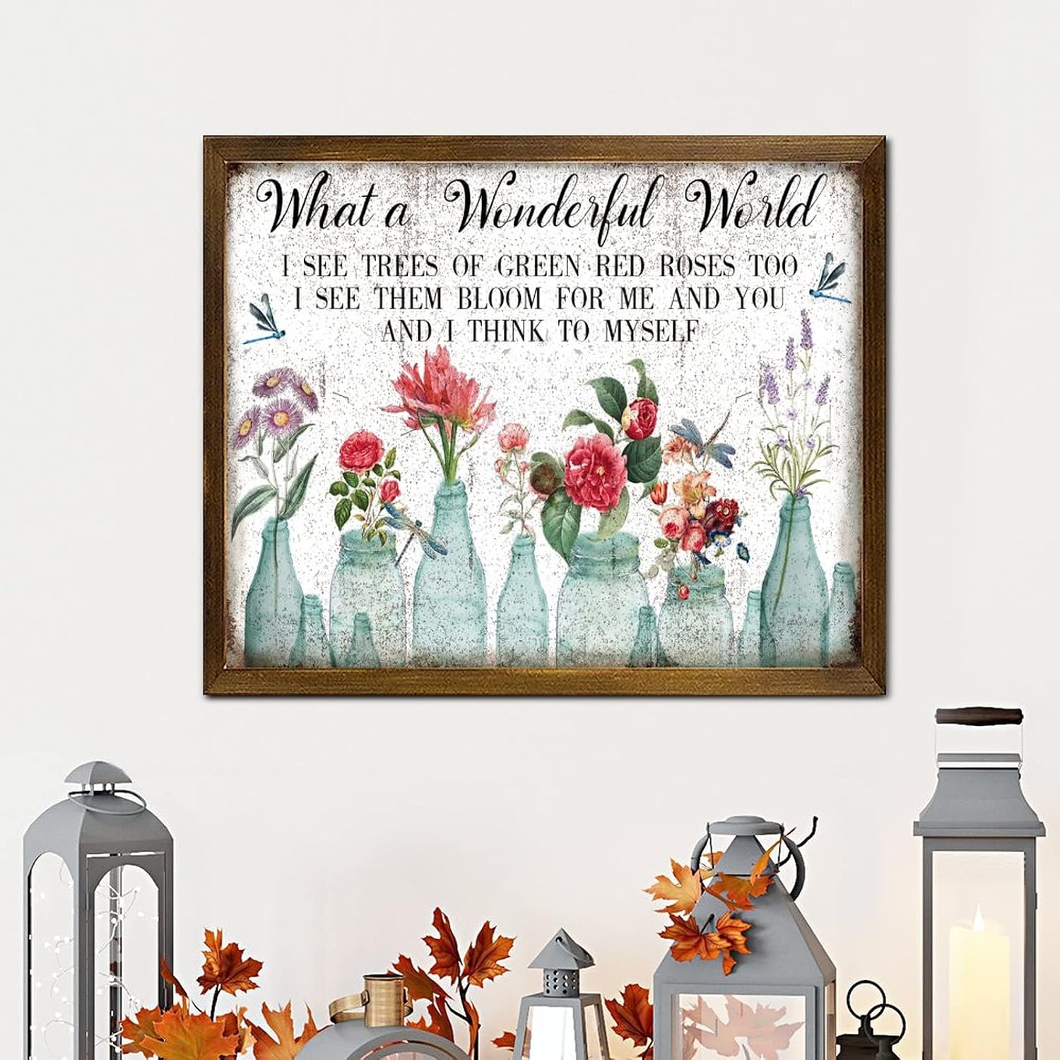 What A Wonderful World Framed Wooden Signs Vintage Dragonfly Tulip Rose Flower Vase Wood Plank Hanging Sign Retro Nature Plants Wall Decor Farmhouse Rustic Wooden for Grandpa Papa Dad 16x20 Inch