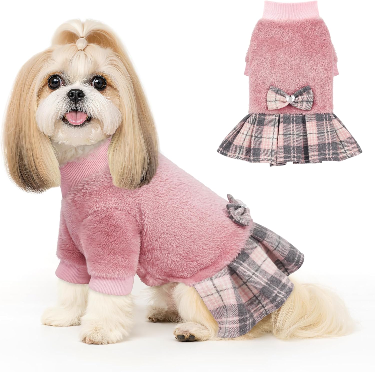YUDODO Fleece Small Dog Sweater Dress with Bowtie, Female Winter Warm Dog Clothes, Princess Sweater Dress for Small Dogs Girl (Pink, L) Large (12-18 lbs) Pink