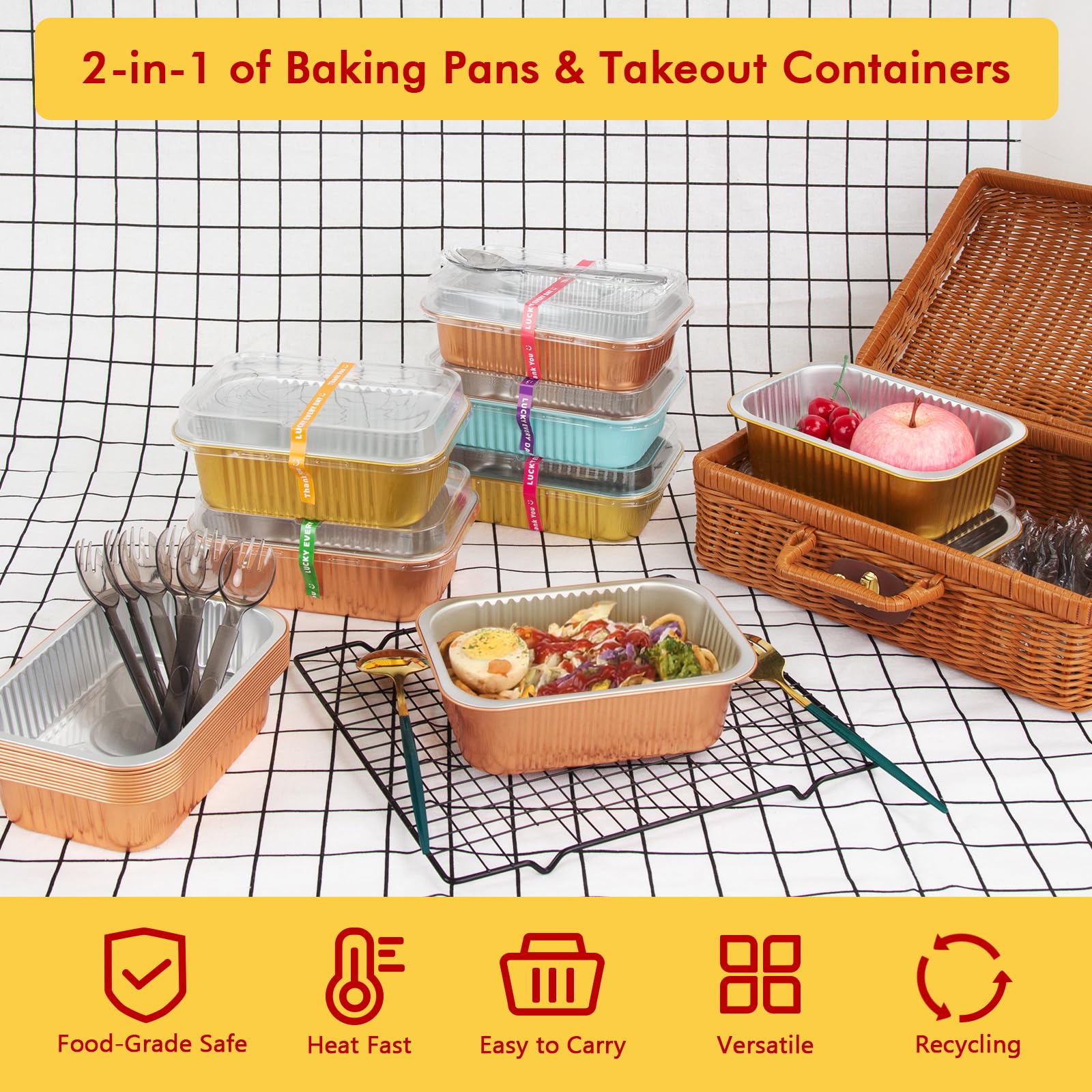 LNYZQUS Paquete de 50 moldes pequeños de aluminio de 1.5 libras con tapas, 7 x 5 pulgadas, recipientes individuales para hornear sobras, recipientes de aluminio de 24 onzas para llevar, recipientes