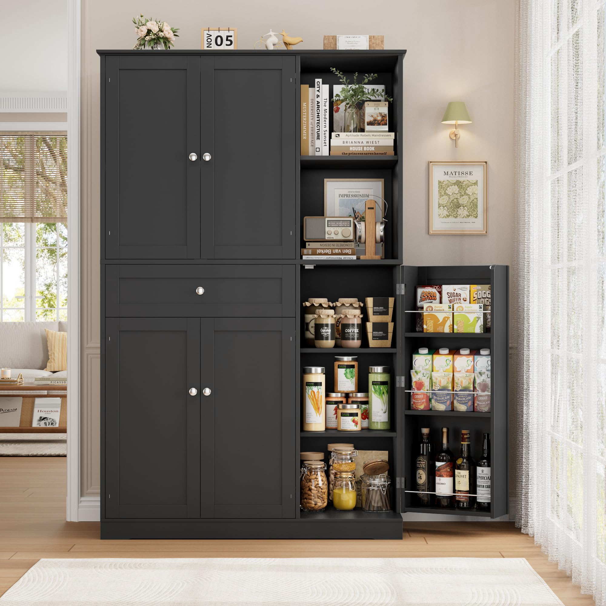 FirFurd Küchenschrank mit Gewürzregal Mehrzweckschrank Vorratsschrank Buffetschrank mit 5 Türen und 1 Schublade Küchenmöbel Hochschrank für Küche Wohnzimmer Flur 173x104x40cm schwarz