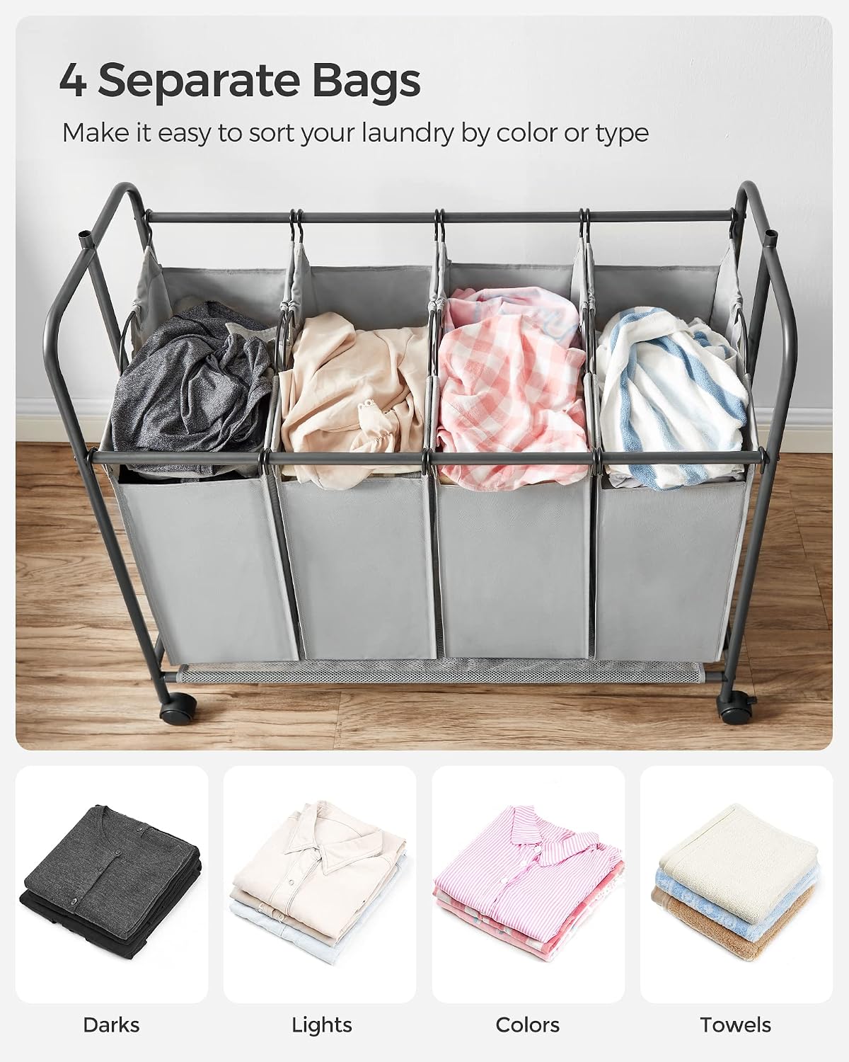 SONGMICS 4-Section Laundry Sorter, Rolling Laundry Cart with Hanging Bar, Laundry Organizer, Hampers for Laundry, Heavy-Duty, Lockable Wheels, 4 x 13.2 Gal, Gray URLS44GS