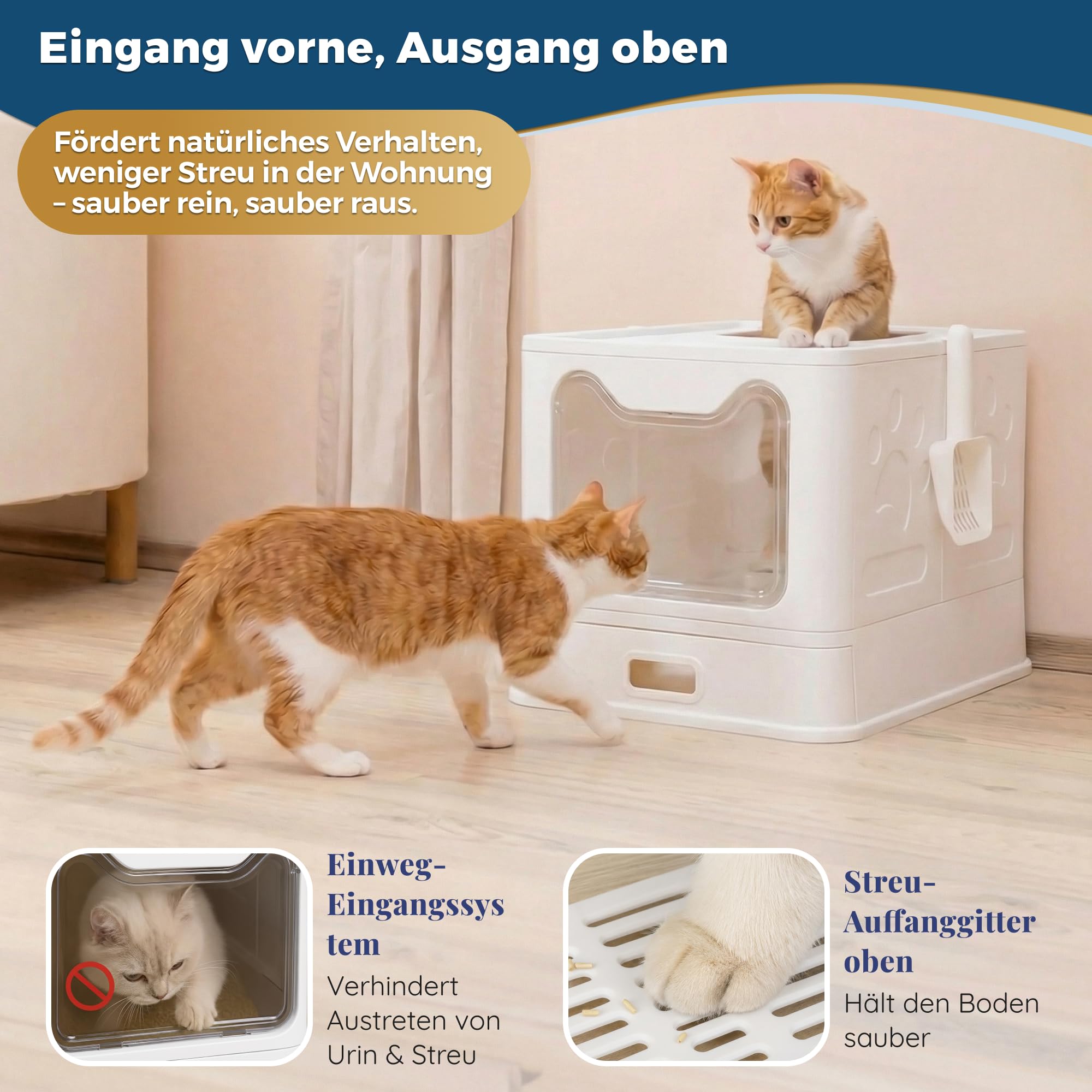 Katzenklo Edelstahl mit Deckel, Faltbare Geschlossene Katzentoilette mit Schublade, Geruchsfrei, Auslaufsicher, Leicht zu Reinigen, Doppelter EIN-/Ausgang, Mit Schaufel, (38,3×51×41 cm) – Weiß