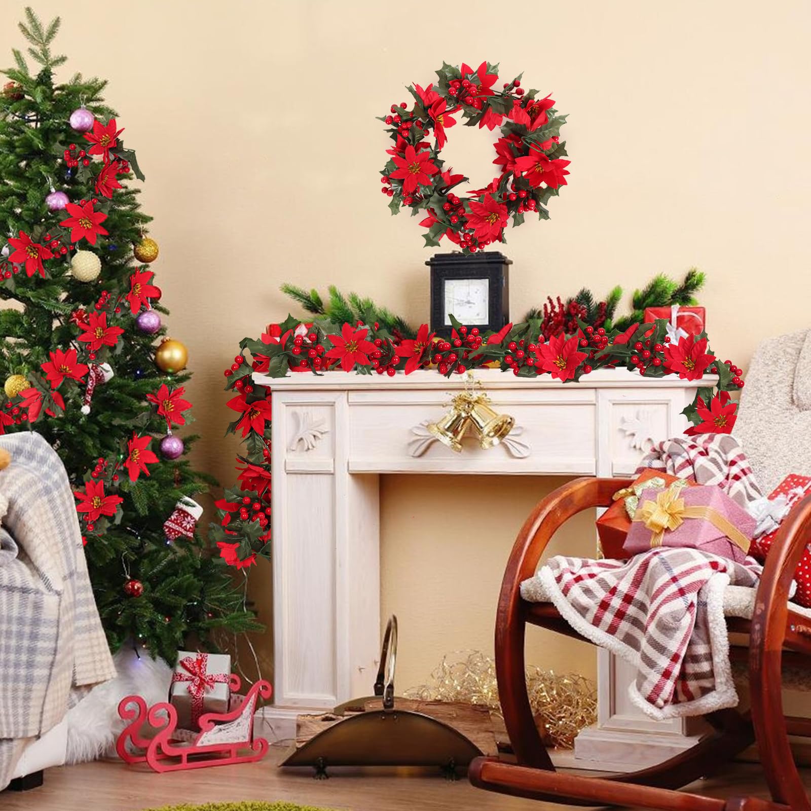 2 guirnaldas de Navidad de Flores de Bayas Rojas de 6.5 pies, Flores de Pascua Artificiales de Acebo, Decoraciones de ratán para Interiores y Exteriores, hogar, jardín, Escalera, Puerta, Ventana,