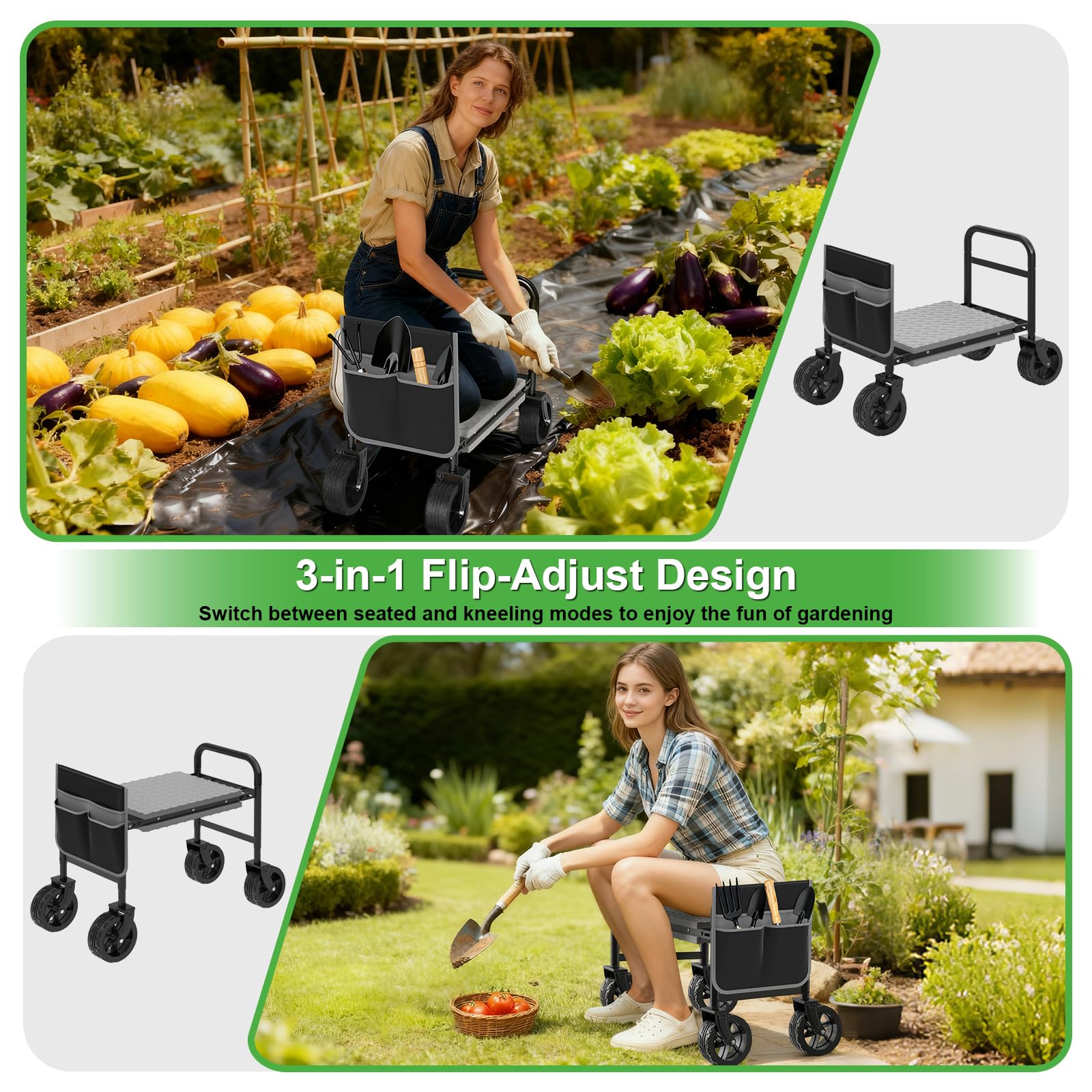 Inginocchiatoio da giardino 3 in 1 aggiornato con ruote con grandi tasche per attrezzi, sgabello pieghevole da giardinaggio resistente, con gambe estensibili e imbottitura ispessita, per anziani