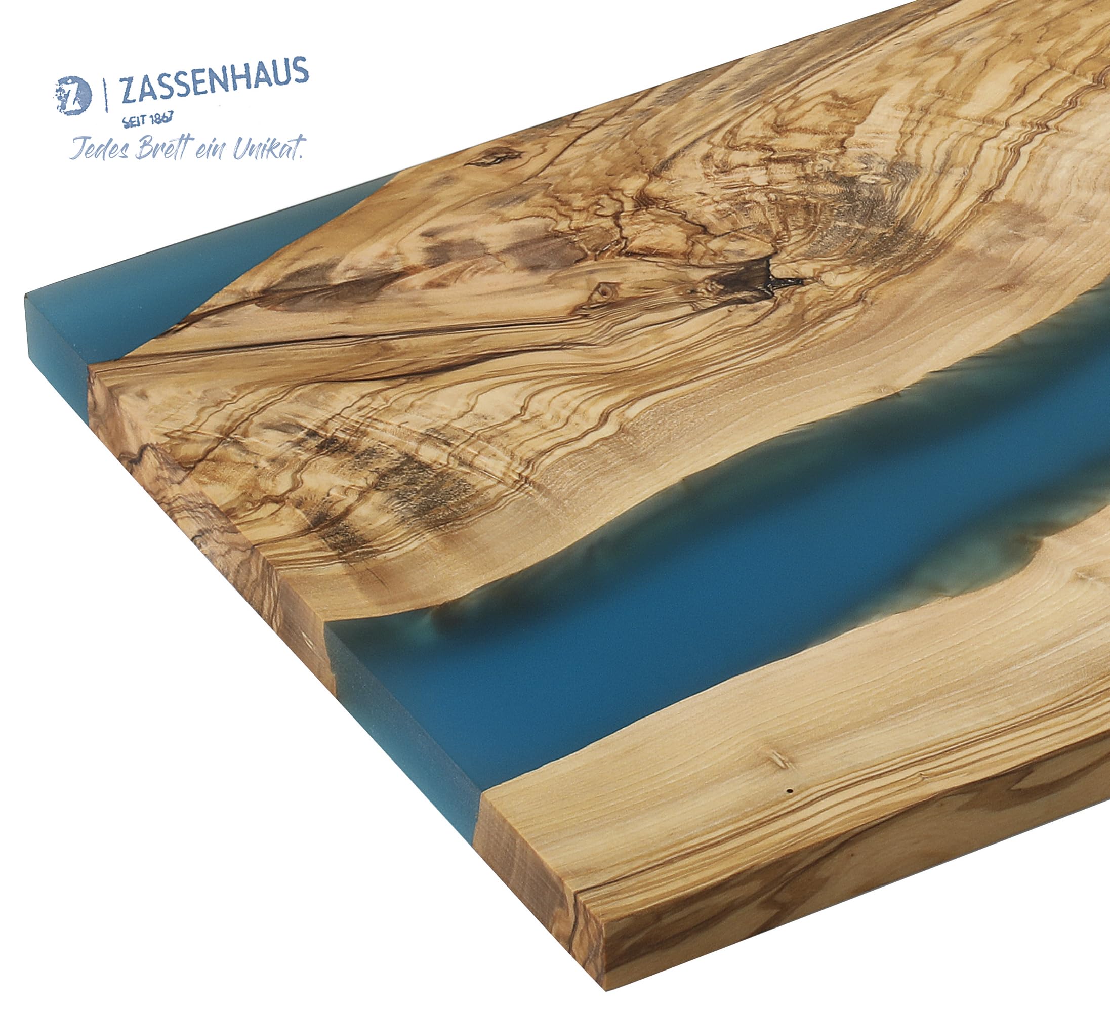 Zassenhaus Niebieska deska do serwowania z drewna oliwkowego i żywicy, 45 x 22 x 1,5 cm, ręcznie wykonana deska premium o wyjątkowym wzornictwie, idealna do stylowego serwowania i prezentacji potraw