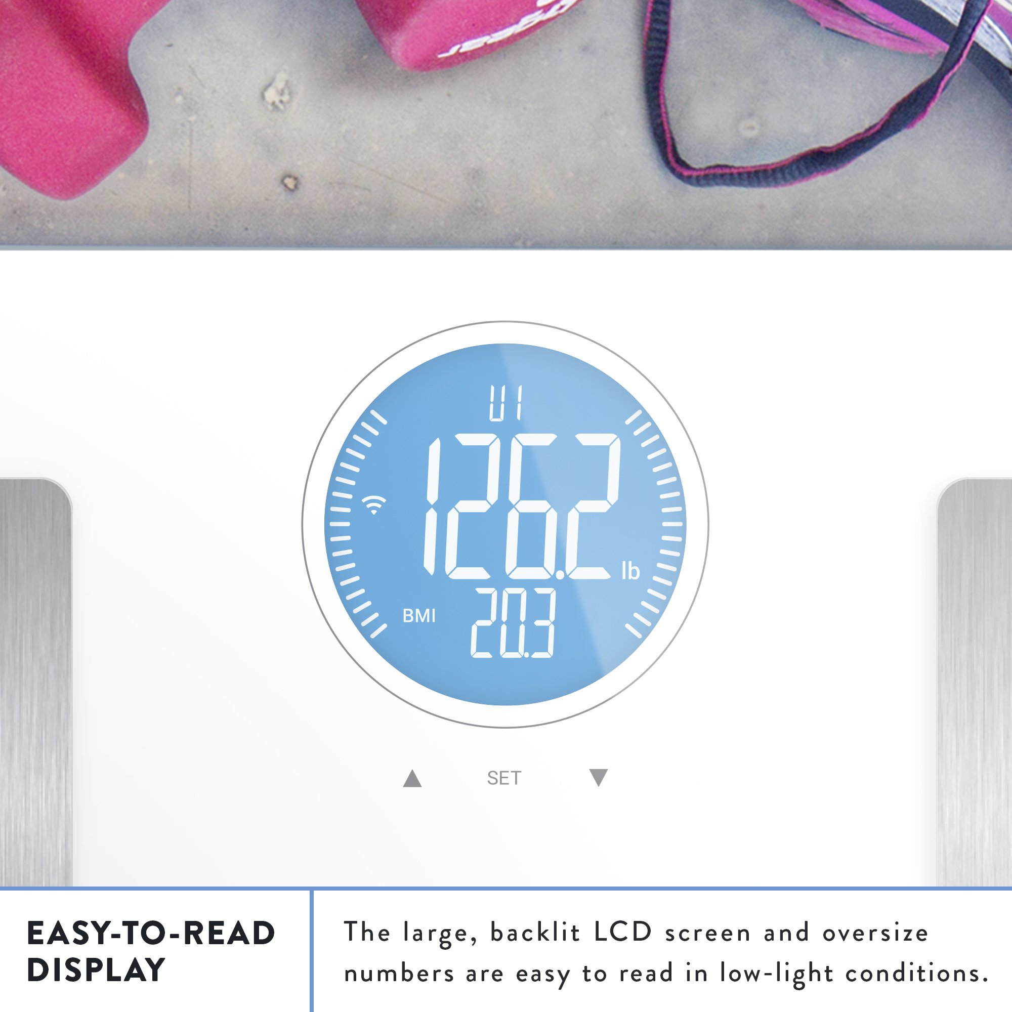 Weight Gurus WiFi Smart Connected - Báscula de grasa corporal con pantalla LCD grande retroiluminada (blanco + inoxidable) (blanquecino
