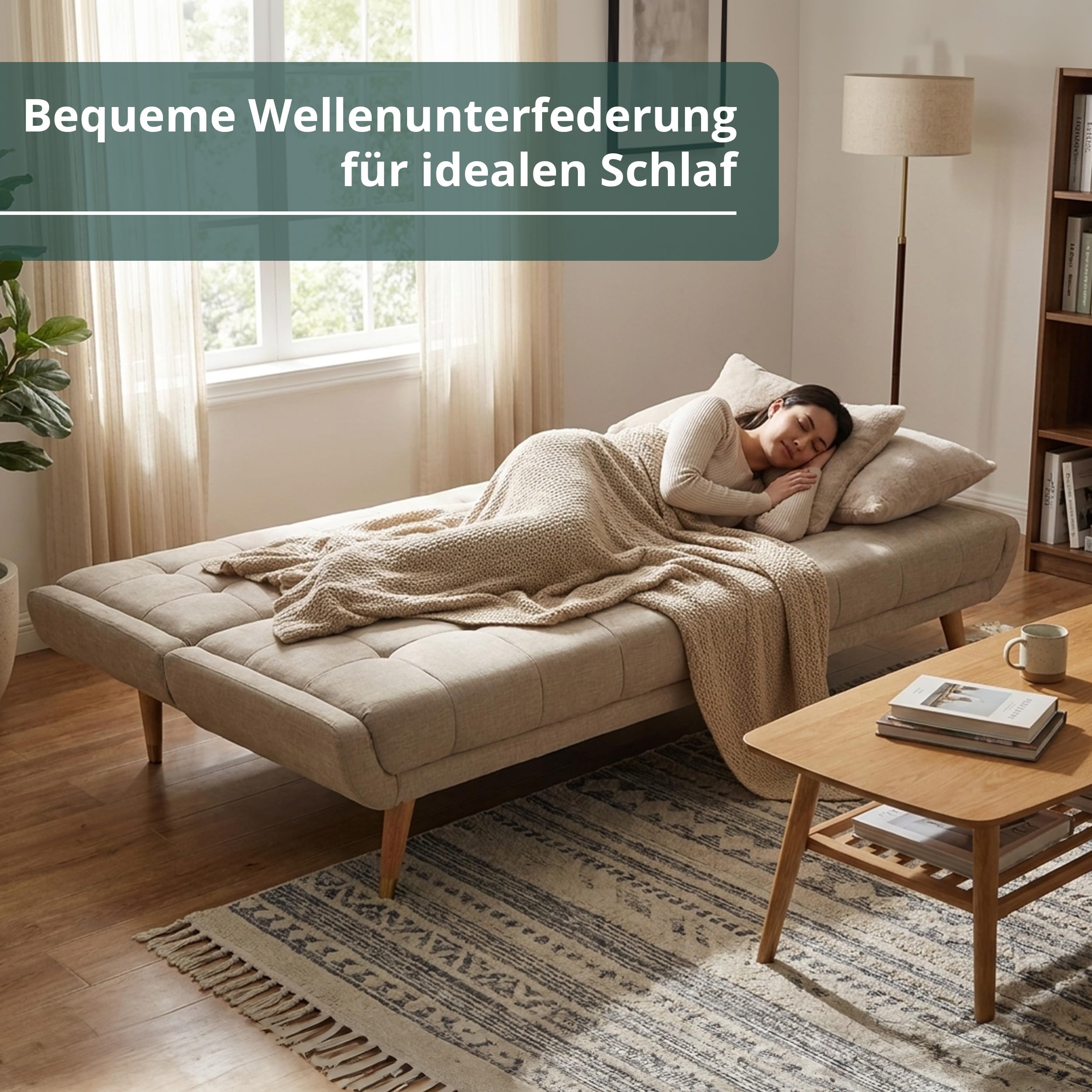 KHG Schlafsofa Beige Flachgewebe, Couch klappbar, große Liegefläche Wellenunterfederung, Massivholz 200 kg belastbar, 182x85x100 cm