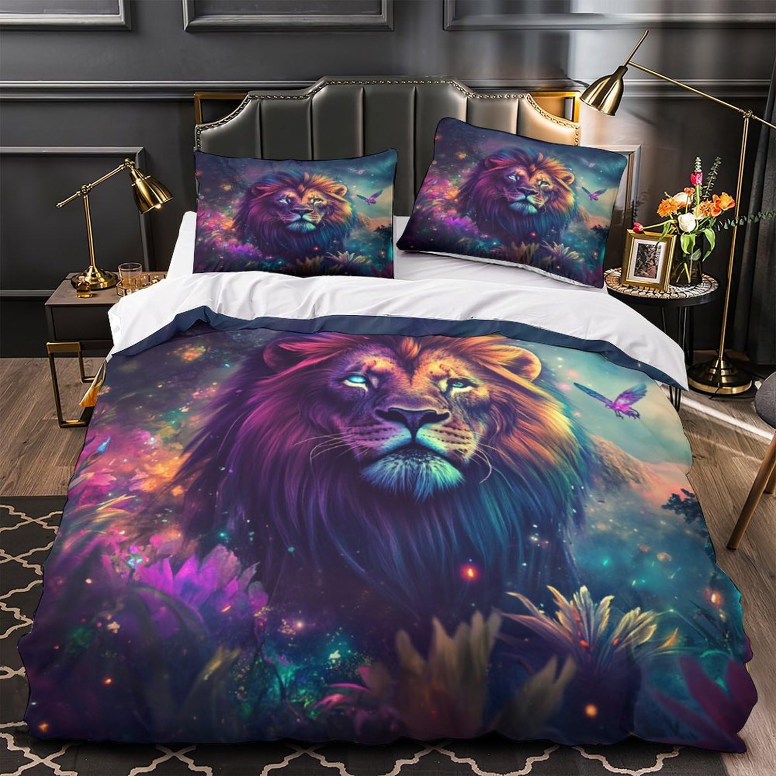 Drap de couette lion 3D décor cosmique vibrant pour habiller une chambre d'adolescent moderne