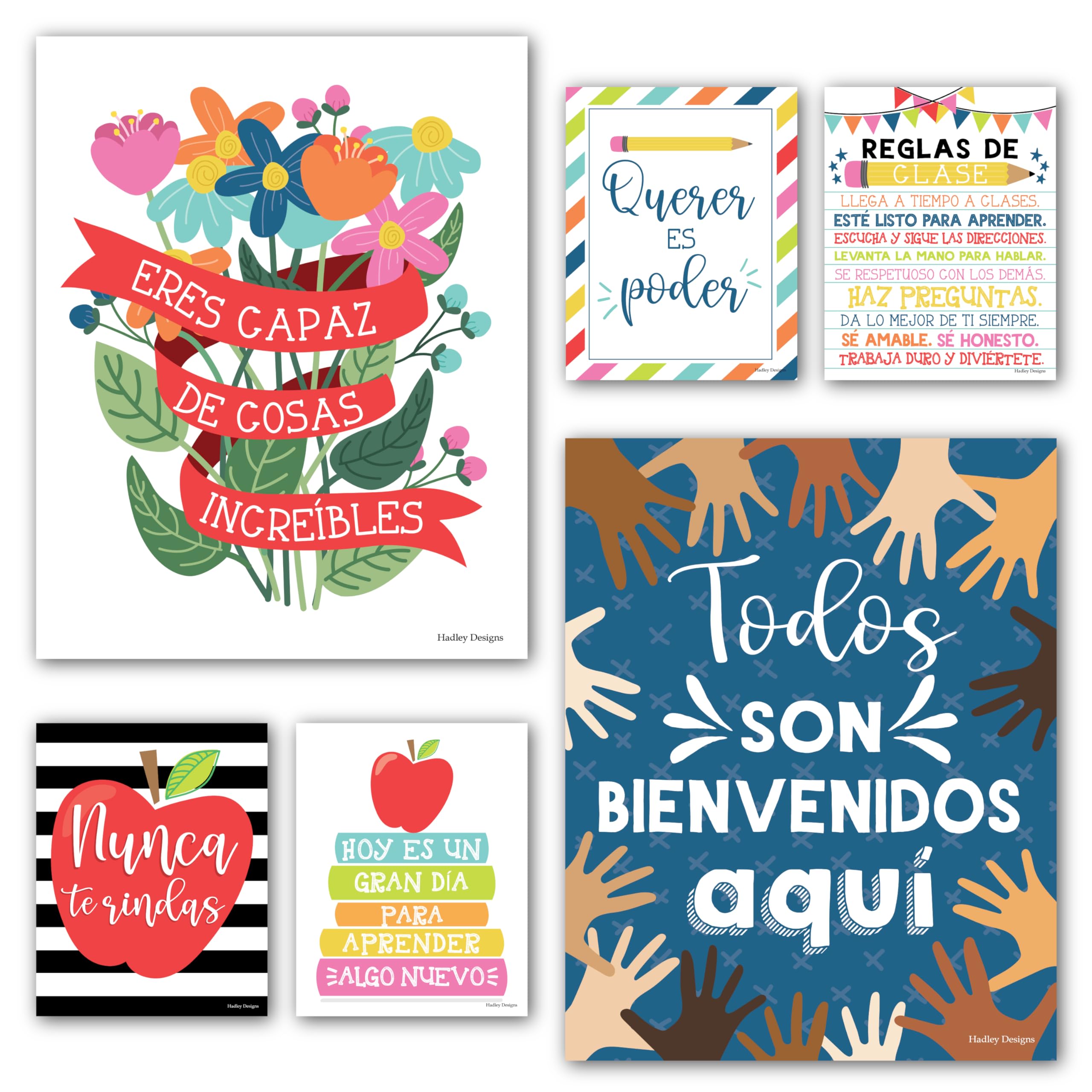 Hadley Designs 6 Spanish Classroom Decor - Spanish Posters for Classroom, High School Decorations, Motivational Wall Art for Teachers and Students - Colorful Doodle Motivational Decor