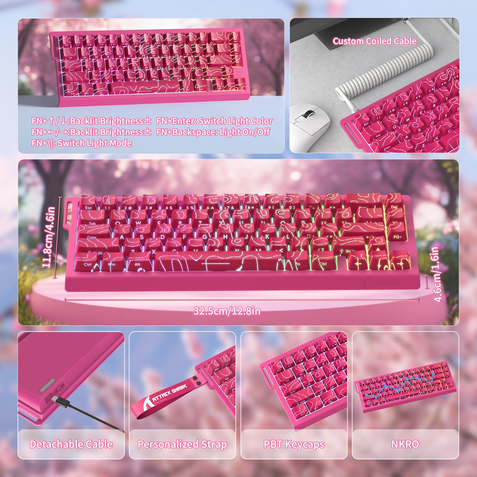 MAMBASNAKE x Attack Shark X68HE Teclado con Interruptor magnético de gatillo rápido, accionamiento Ajustable de 0,01 mm, con Cable en Espiral, 8000 Hz, RGB, Teclas PBT,SOCD (Rosa)