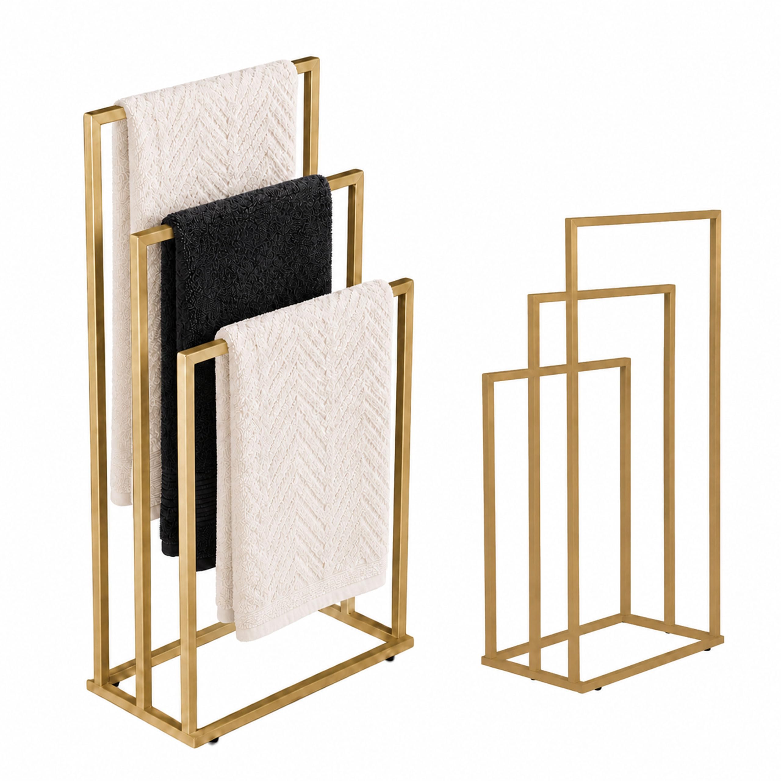 Handtuchständer freistehend Metall, Handtuchhalter modern für Bad, Handtuchhalter Bodenstehend, Badständer mit versetzten Stangen, für Badezimmer, Waschküche und Spa (Gold, 3 Stangen)