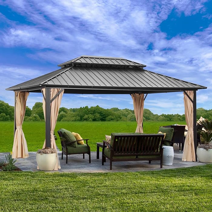Buy Outdoor Patio Hardtop Gazebo with Netting,Galvanized Steel Double