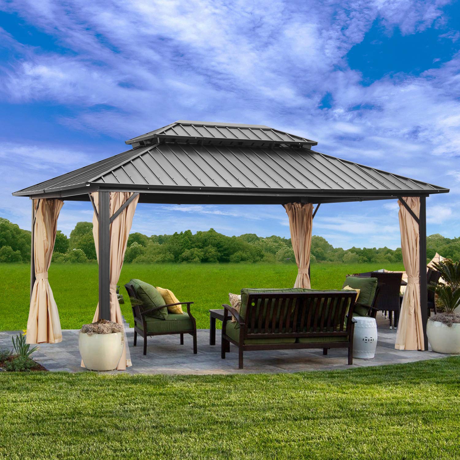 Buy Outdoor Patio Hardtop Gazebo with Netting,Galvanized Steel Double