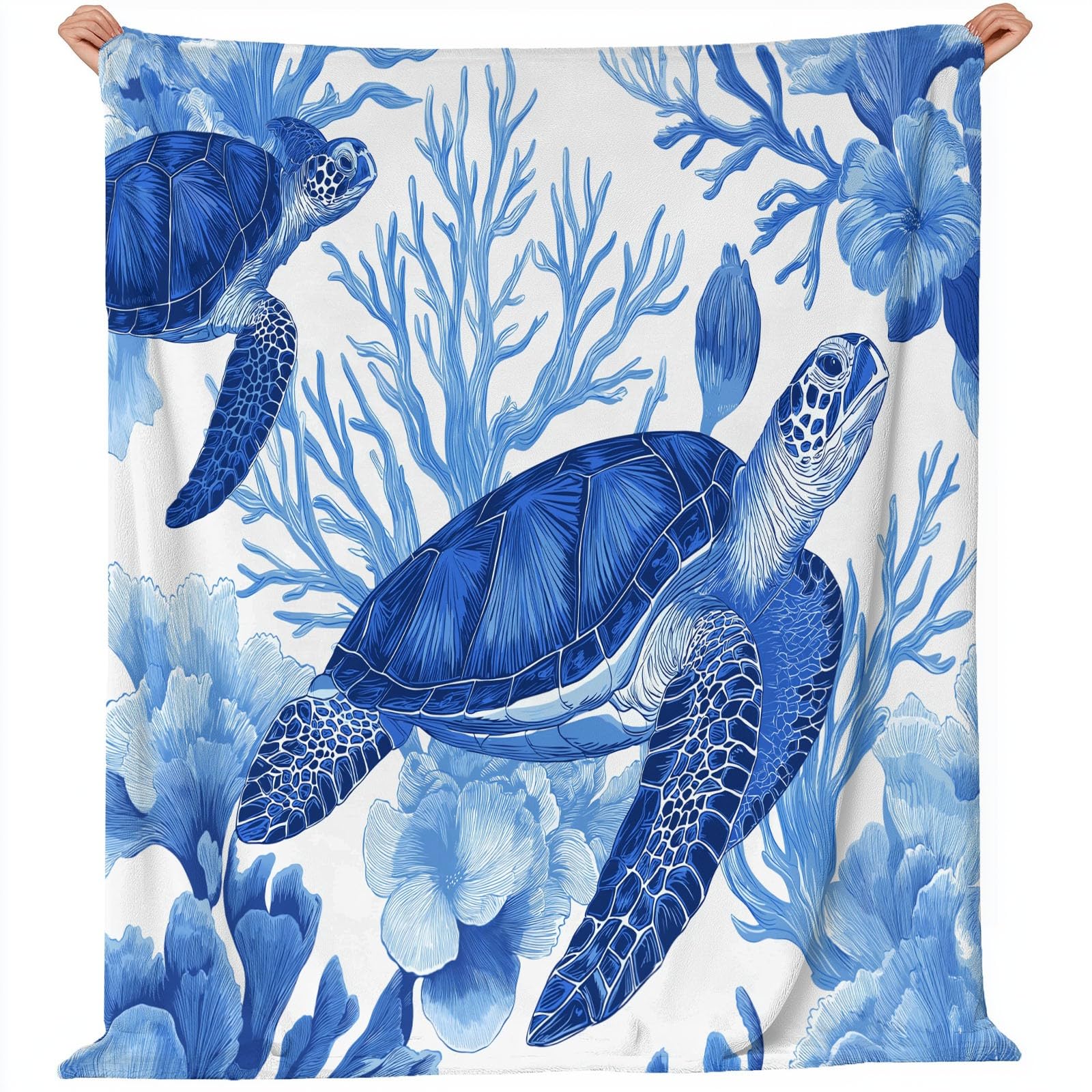 Decke Flanell 150 x 200 cm Geschenke für Frauen und Männer - Handgezeichnete Korallentiere Witzige Geschenke für Freunde zu Weihnachten und Geburtstag, Blau Weiß