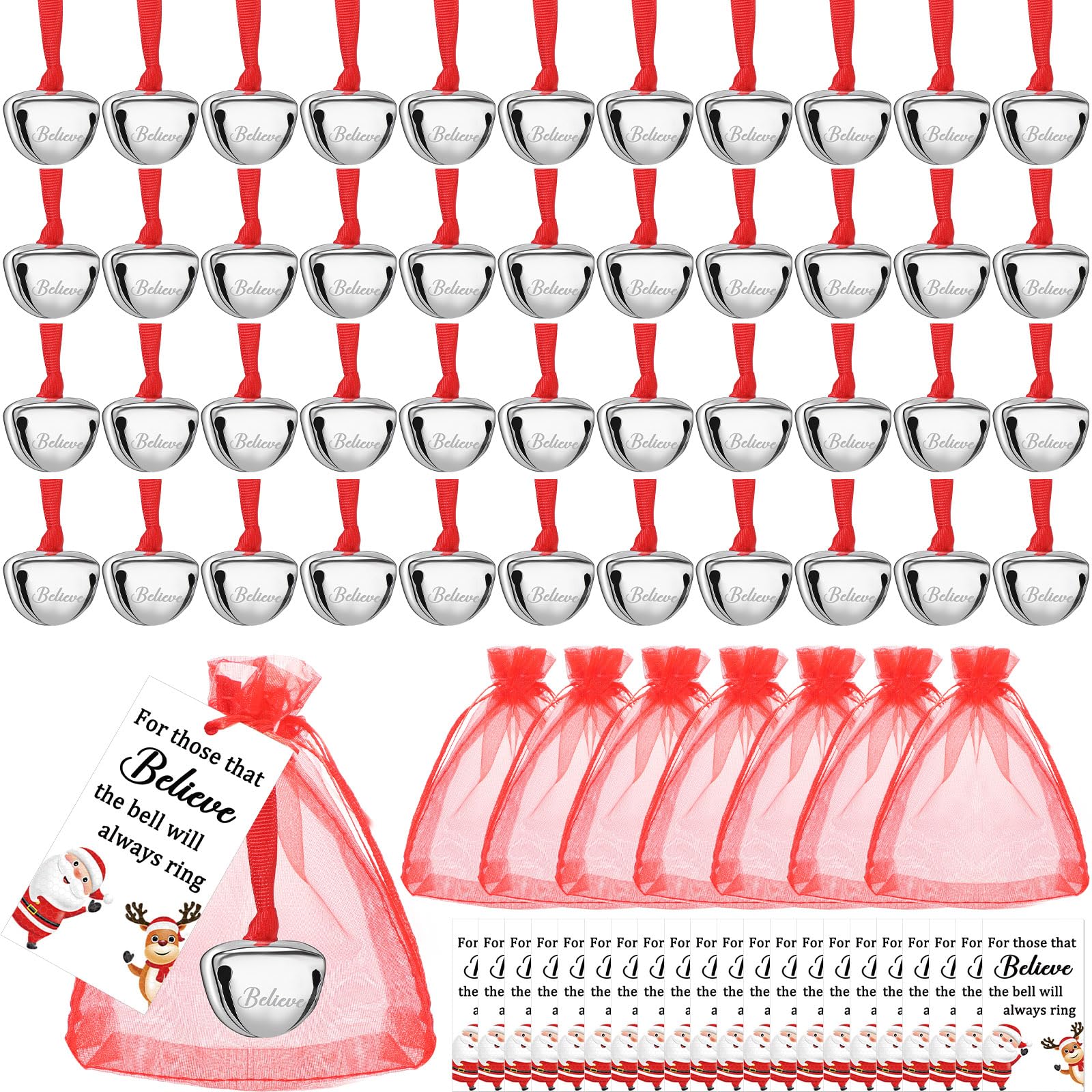 50 Pcs Christmas Believe Bell Ornaments 1.5 Inch Santa Sleigh Gift Bell Decoration for Christmas Tree with Red Ribbon Card and Organza Bags Kid Adult (Silver)