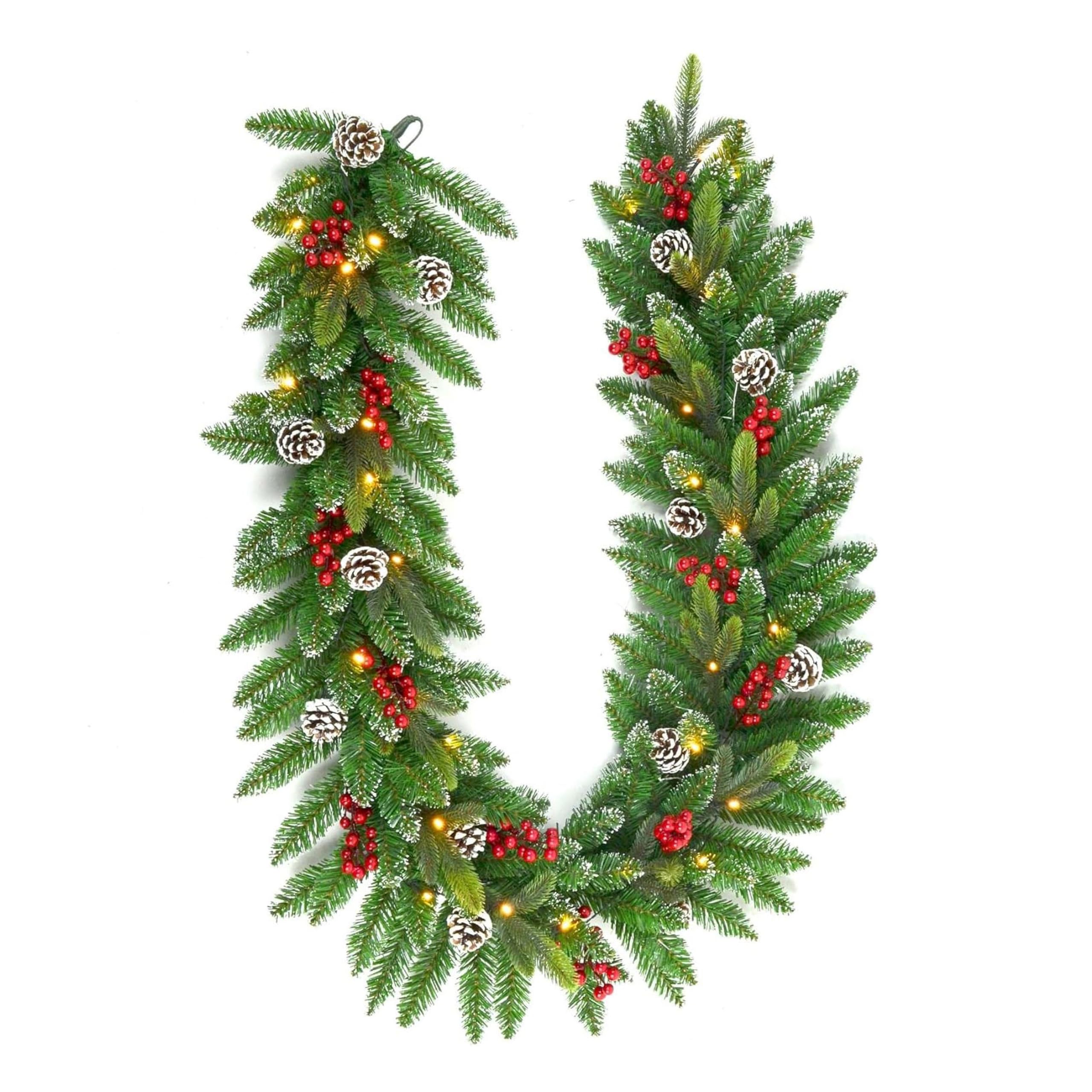 Shatchi 2m Christmas Garland Green Frosted Tips Pine Cones Berries 30 Warm White LEDs