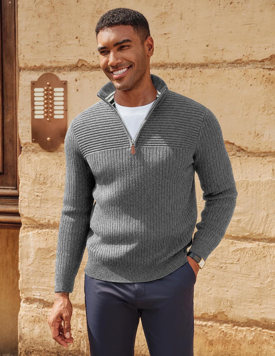 PJ PAUL JONES Mens Quarter Zip Sweater Long Sleeve Casual Pullover Knitted Textured Dress Sweaters - Image 6