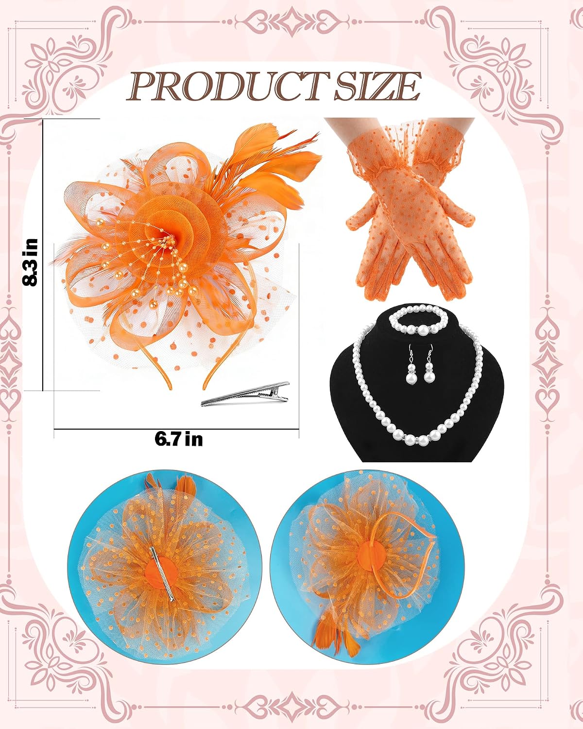 1920s Vintage Fascinators Hat Set for Women Tea Party Hats Veil Mesh Feather Headband Lace Gloves Set