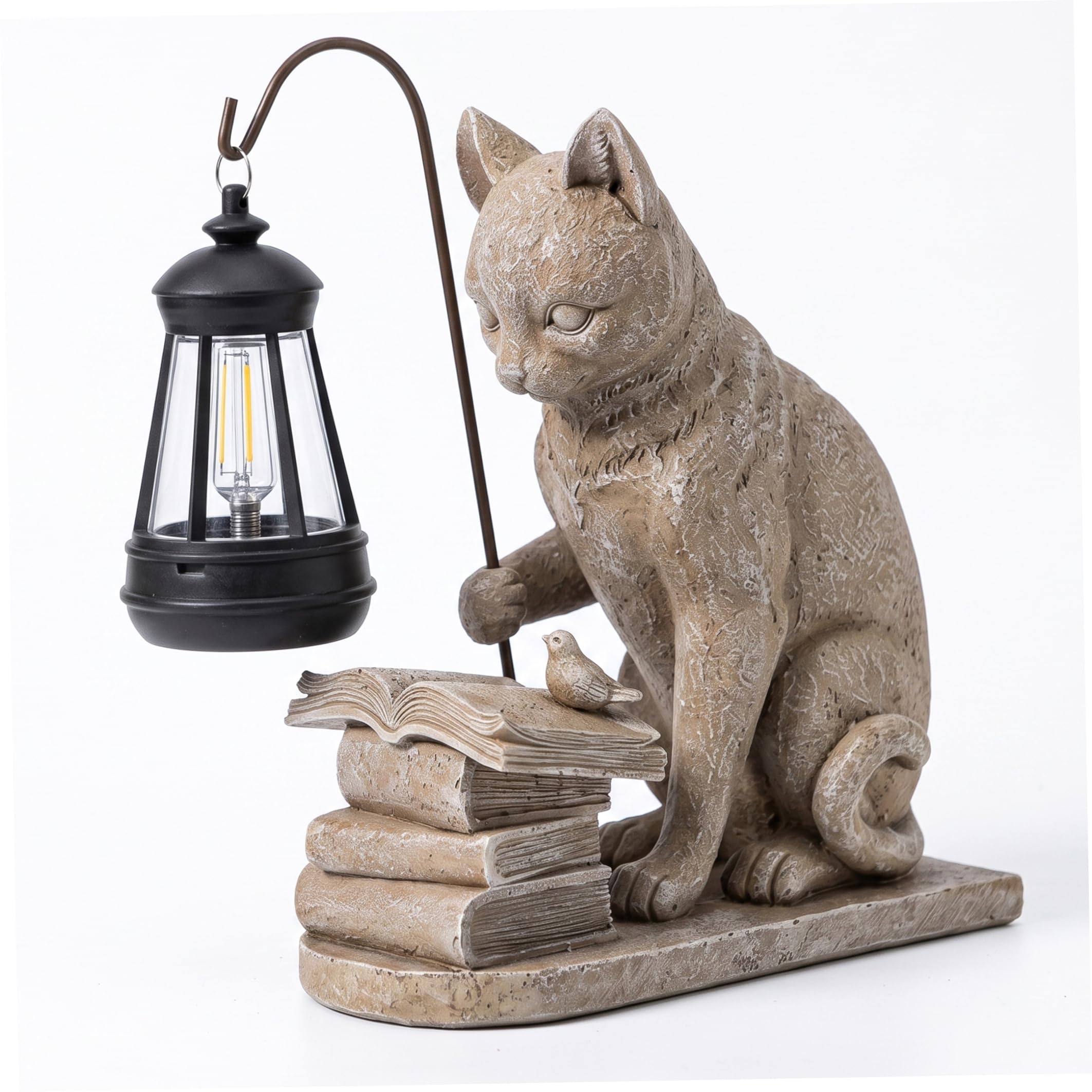 Statua da giardino di gatto solare in resina grigia con lanterna, statuetta di gatto ad energia solare per la decorazione del prato del patio esterno, giardino luminoso notturno, ornamento carin