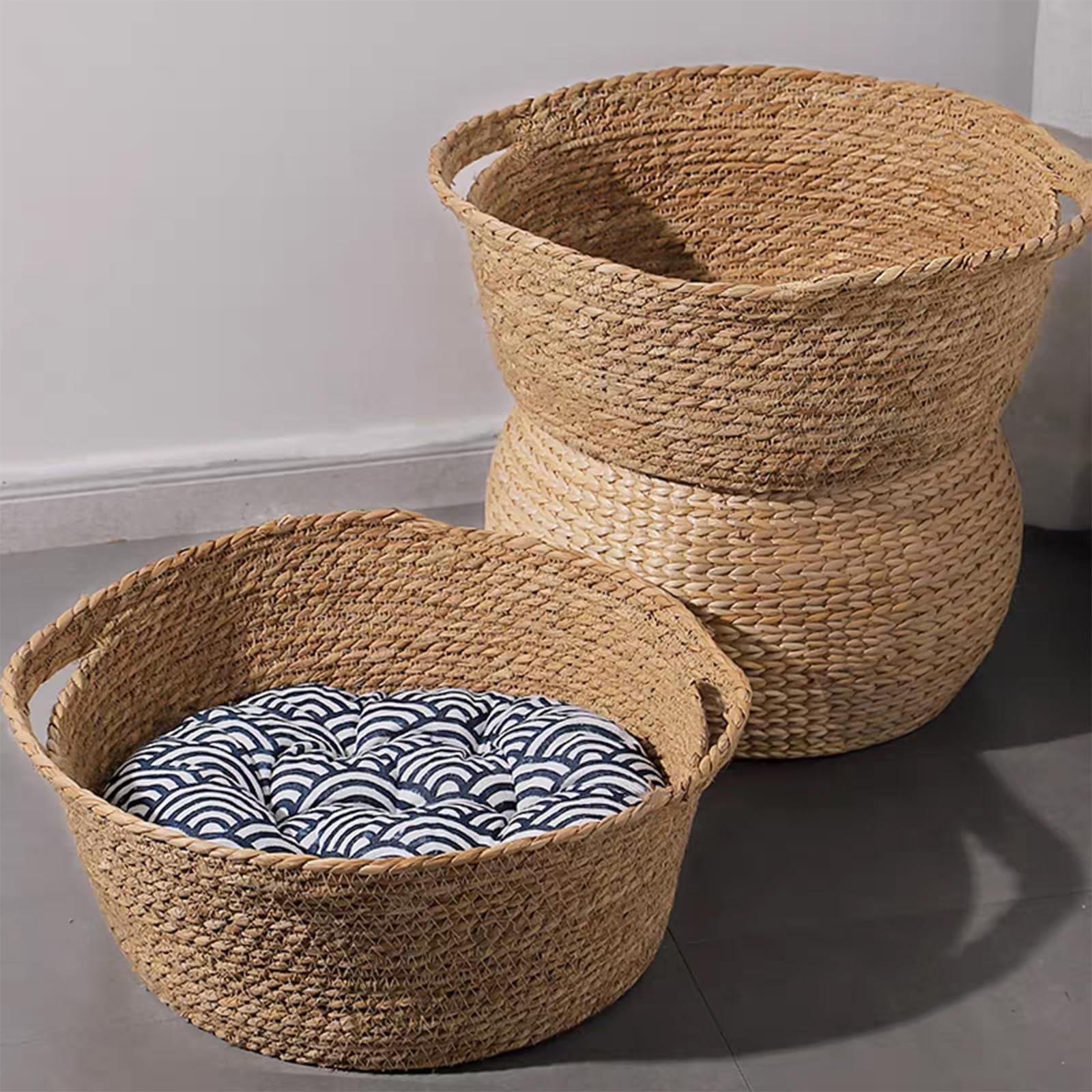 Handgefertigtes gewebtes Katzenbett mit abnehmbarem Kissen, Rattankorb für den Innenbereich, für Katzen, Kätzchen, kleine Haustiere