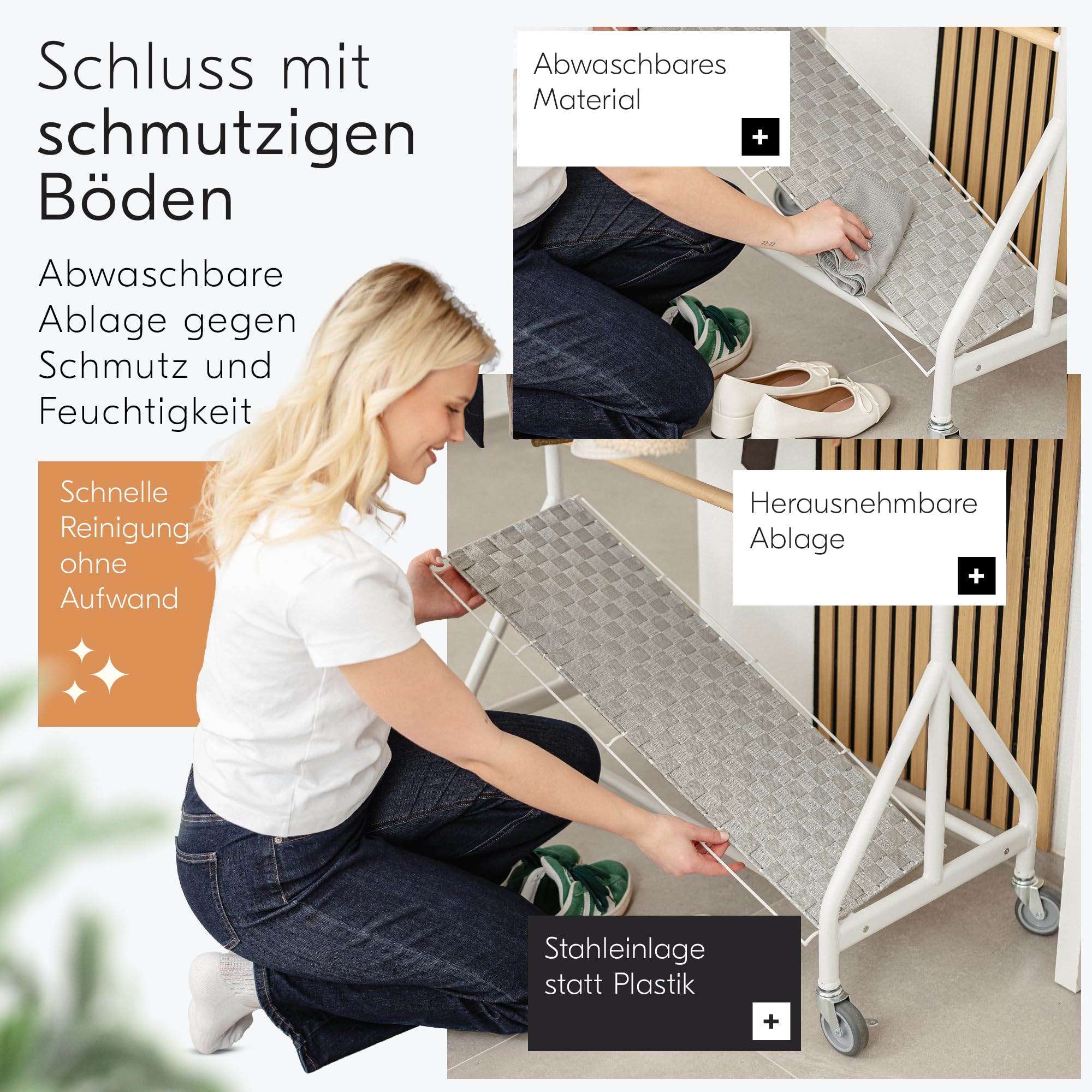ASKA Premium Kleiderständer auf Rollen Stabil Schwerlast bis 120 kg Clothing Rack Garderobenständer Holz Metall Kleiderstange mit Schuhablage Rollbarer Kleiderständer Weiß Birkenholz