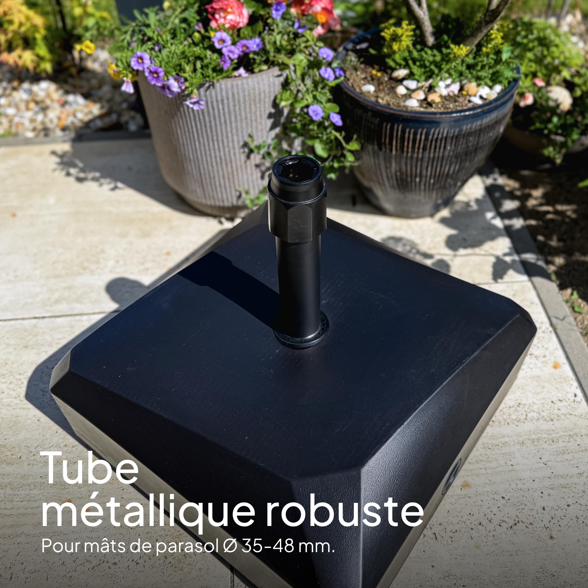 UNIGARDIA Pied de Parasol sur roulettes 76 kg - Lourd à Remplir Eau/Sable - pour Mâts de Ø 35–48 mm - Anti-Vent, Terrasse et Jardin 54,5x54,5x20 cm