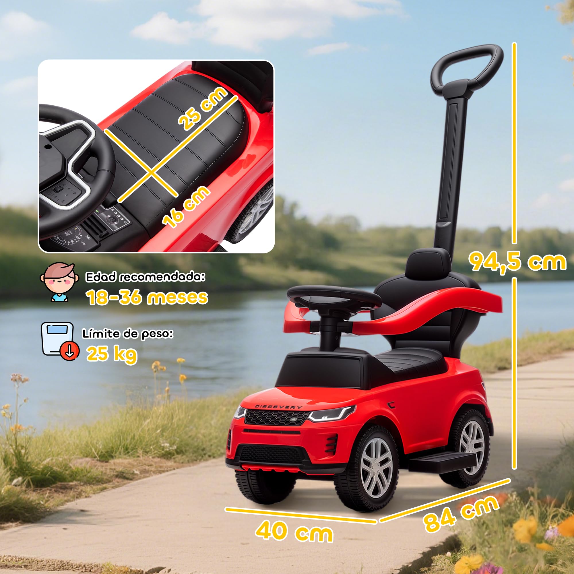 AIYAPLAY Coche Correpasillos 2 en 1 para Niños de 18-36 Meses Land Rover Discovery, Correpasillos con Espacio de Almacenaje, Bocina, Volante, Mango de Empuje y Barandilla Extraíbles, Rojo